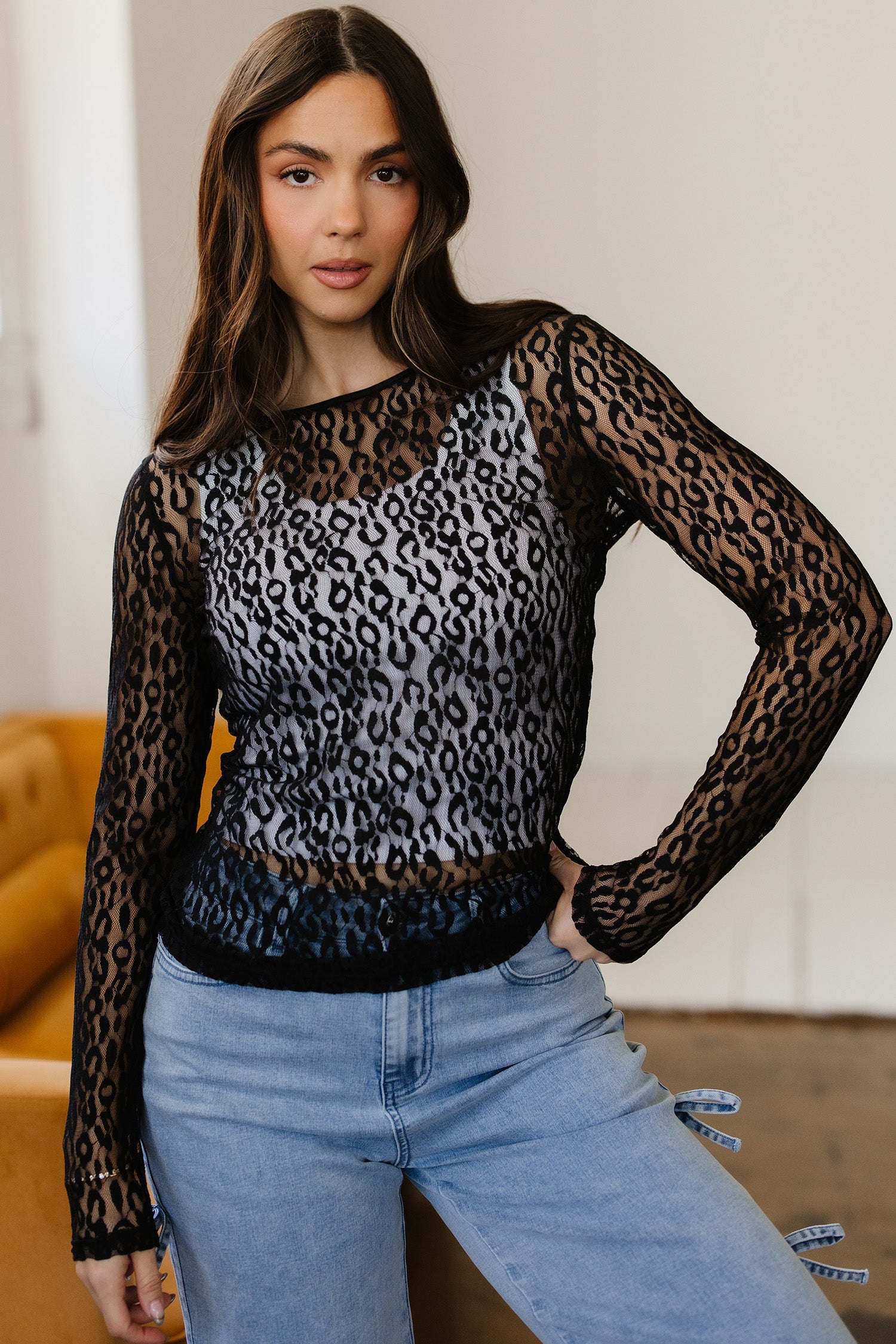 Pattern Sheer Leopard Sheer Mesh Long-Sleeved Top