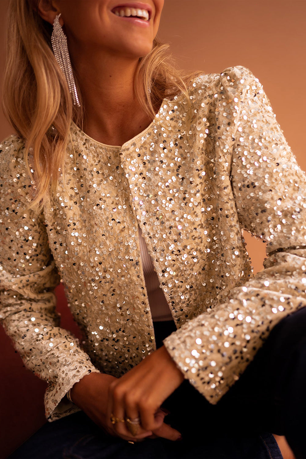 Sequined Golden Fleece Open-Front Cropped Jacket