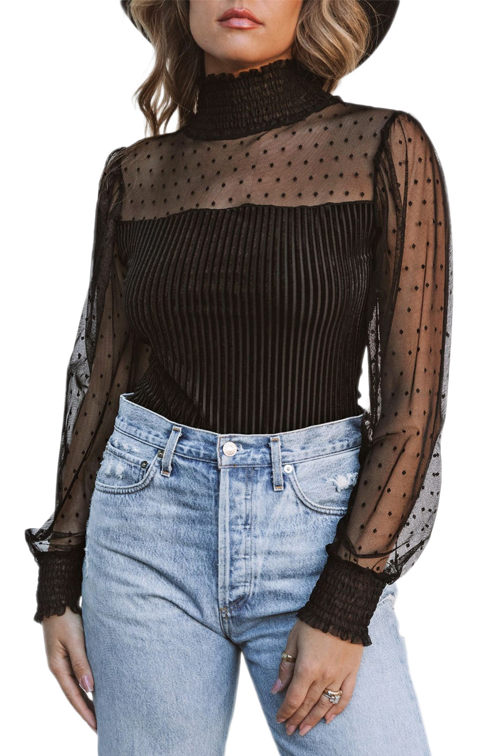 Women's Bodysuit with Velvet Semi-Sheer Dotty Rib-Knitted