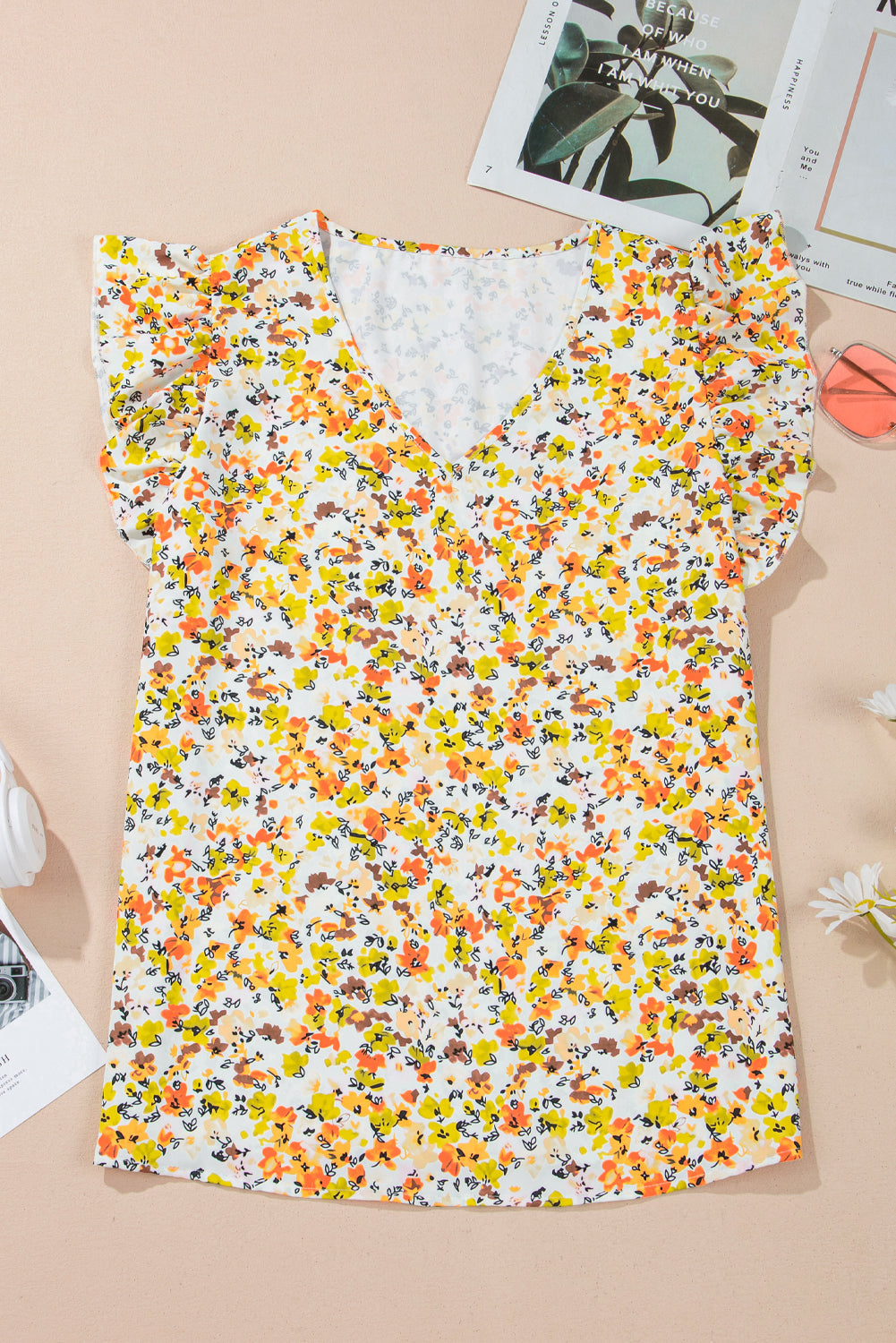 Floral Print Ruffled Sleeveless V Neck Tank Top