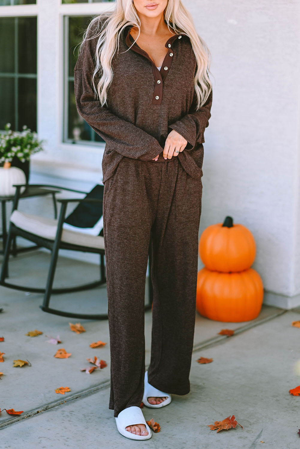Rib-Knit Henley Knit Collared Top and Pants Lounge Outfit