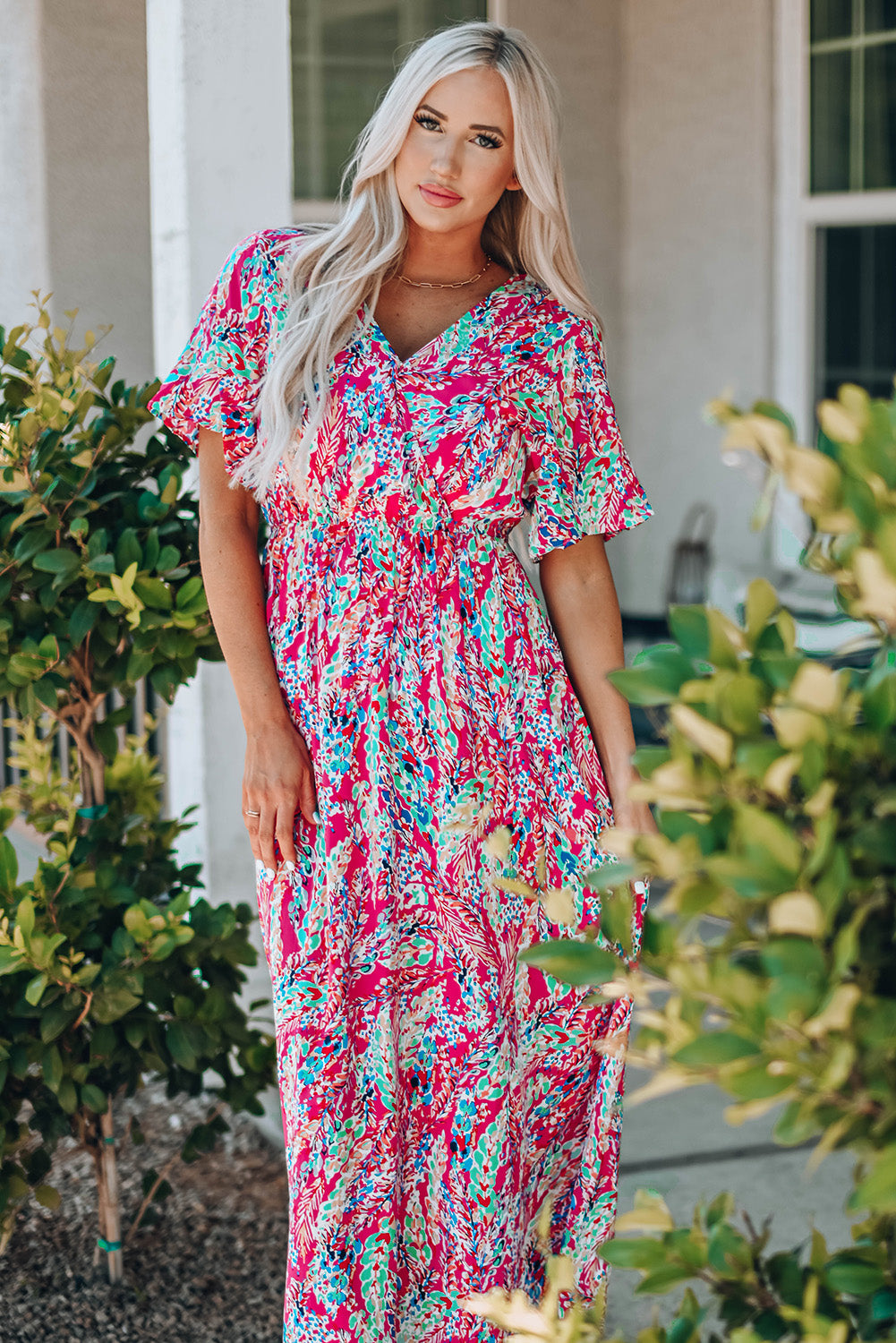 Women's Floral-Print Wrap V Neck Maxi Dress