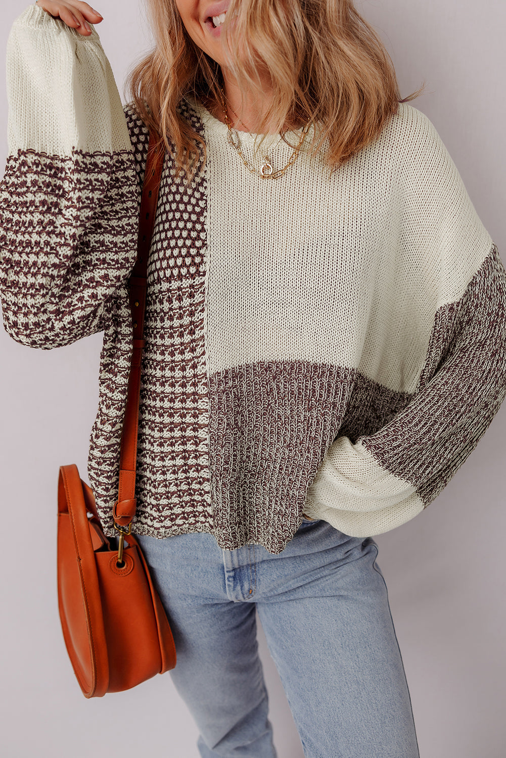 Colorblock Drop-Shoulder Back Tie Loose Knit Top