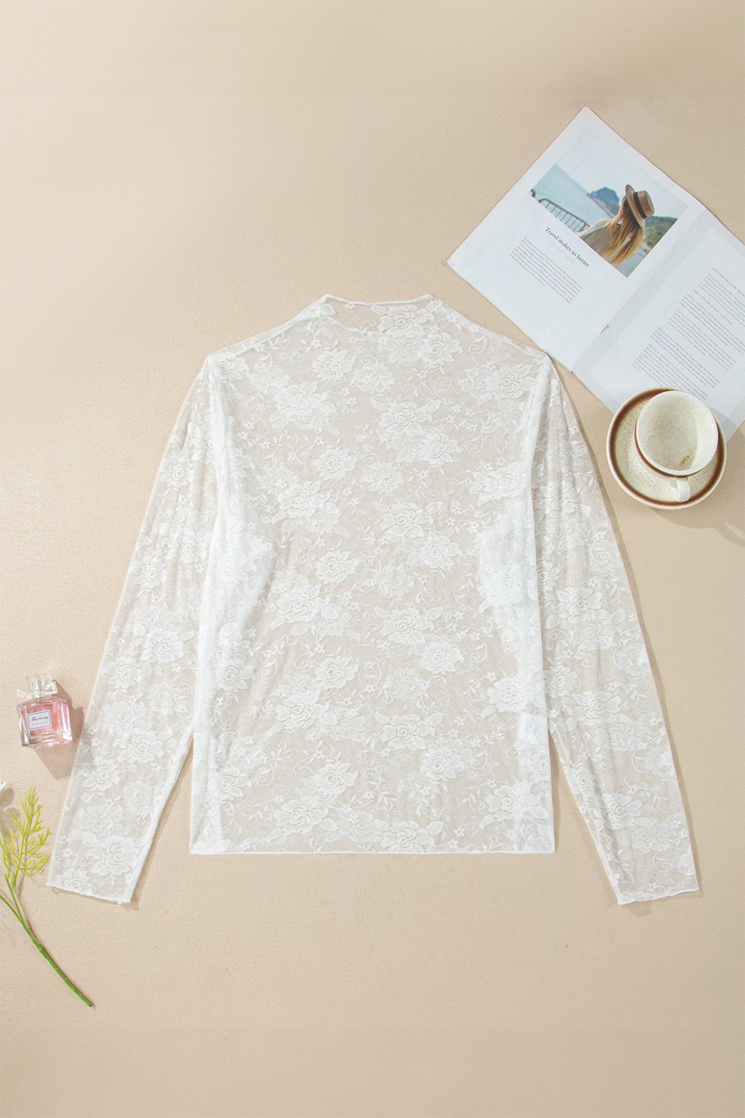 Plus Size Floral Mesh Long-Sleeved Top in White