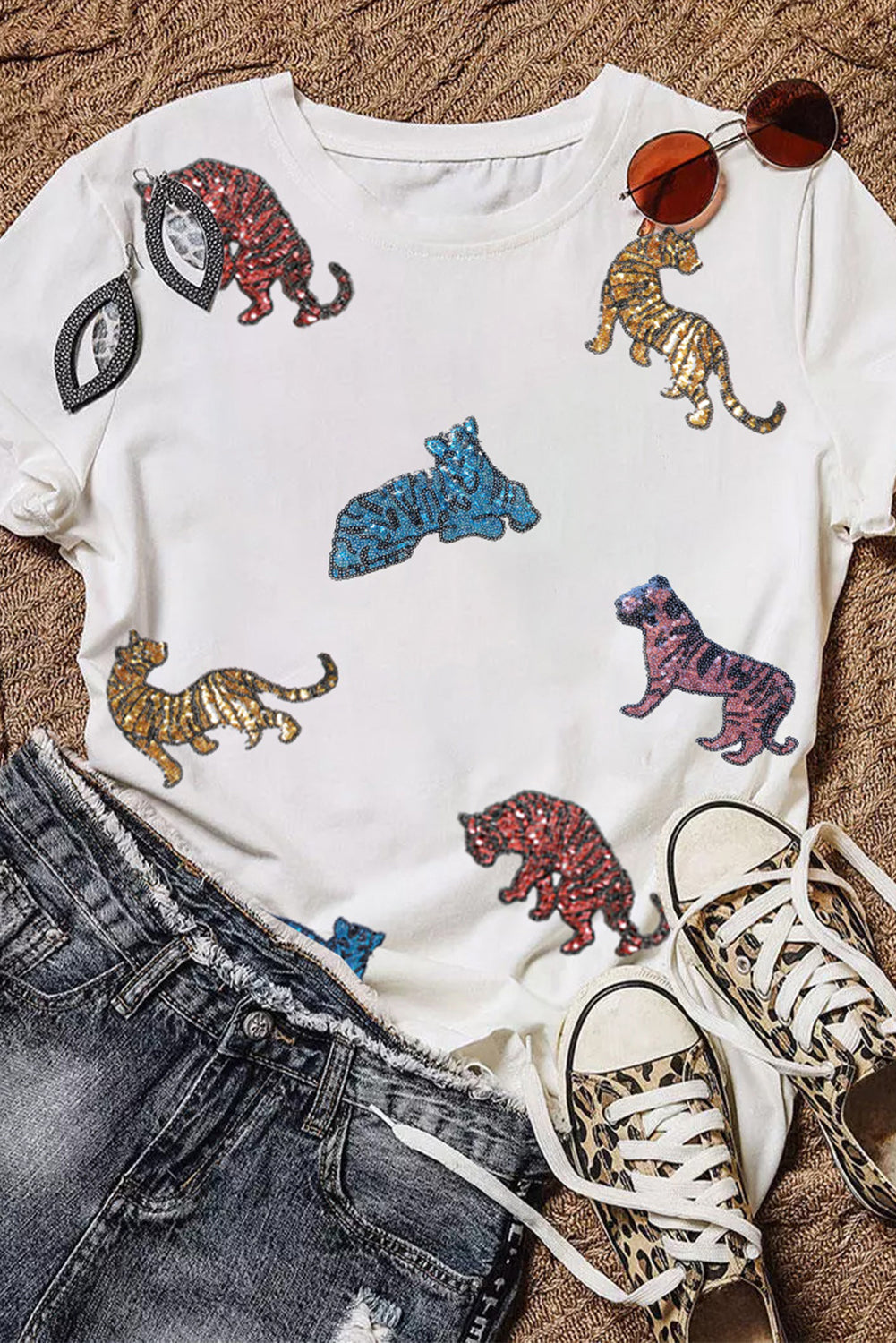 Women's T-shirt Featuring Shiny Tiger Patch Graphic-Print Summer