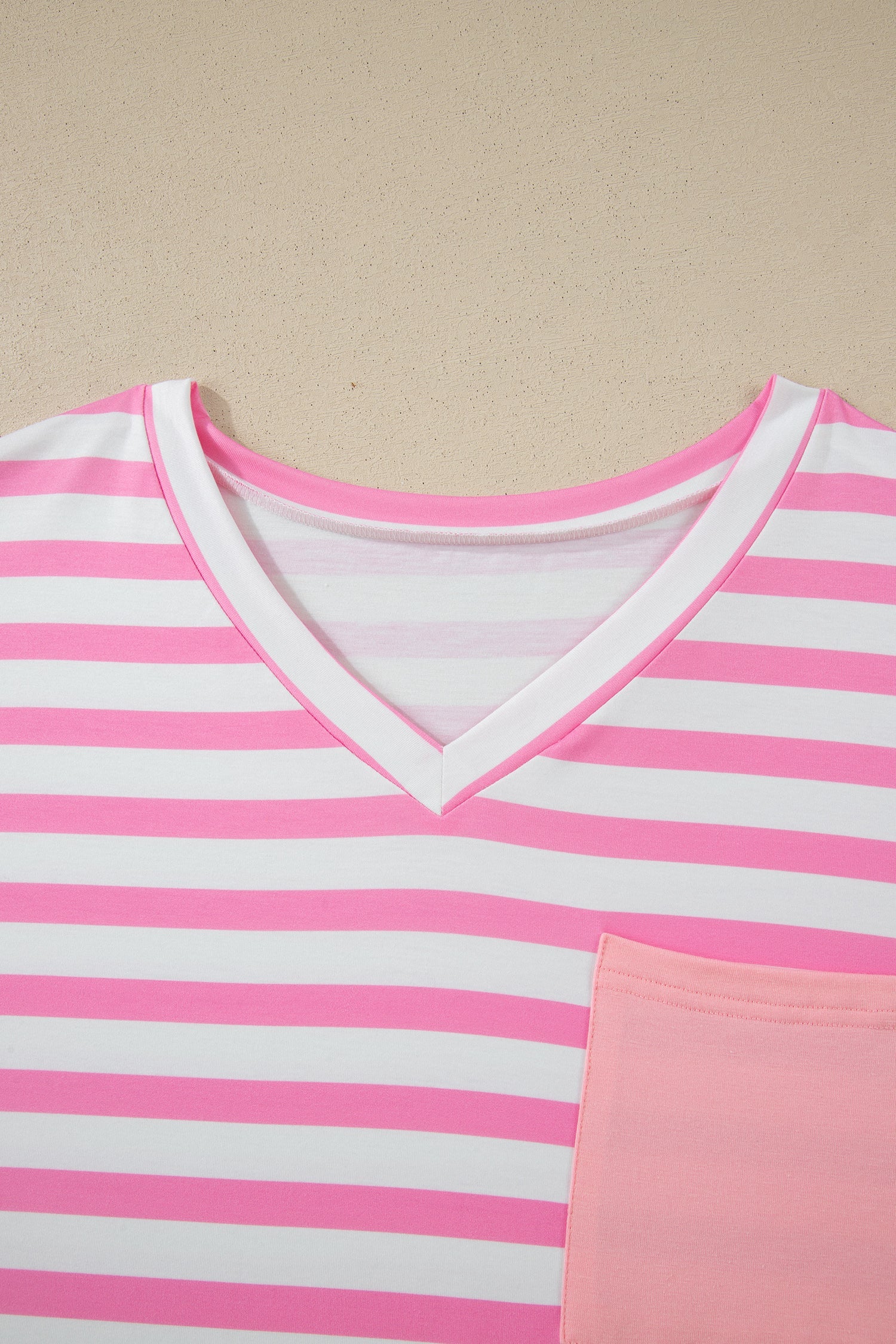Patched Pocket Stripe Pocket V-Neck Plus Size Tee in Pink