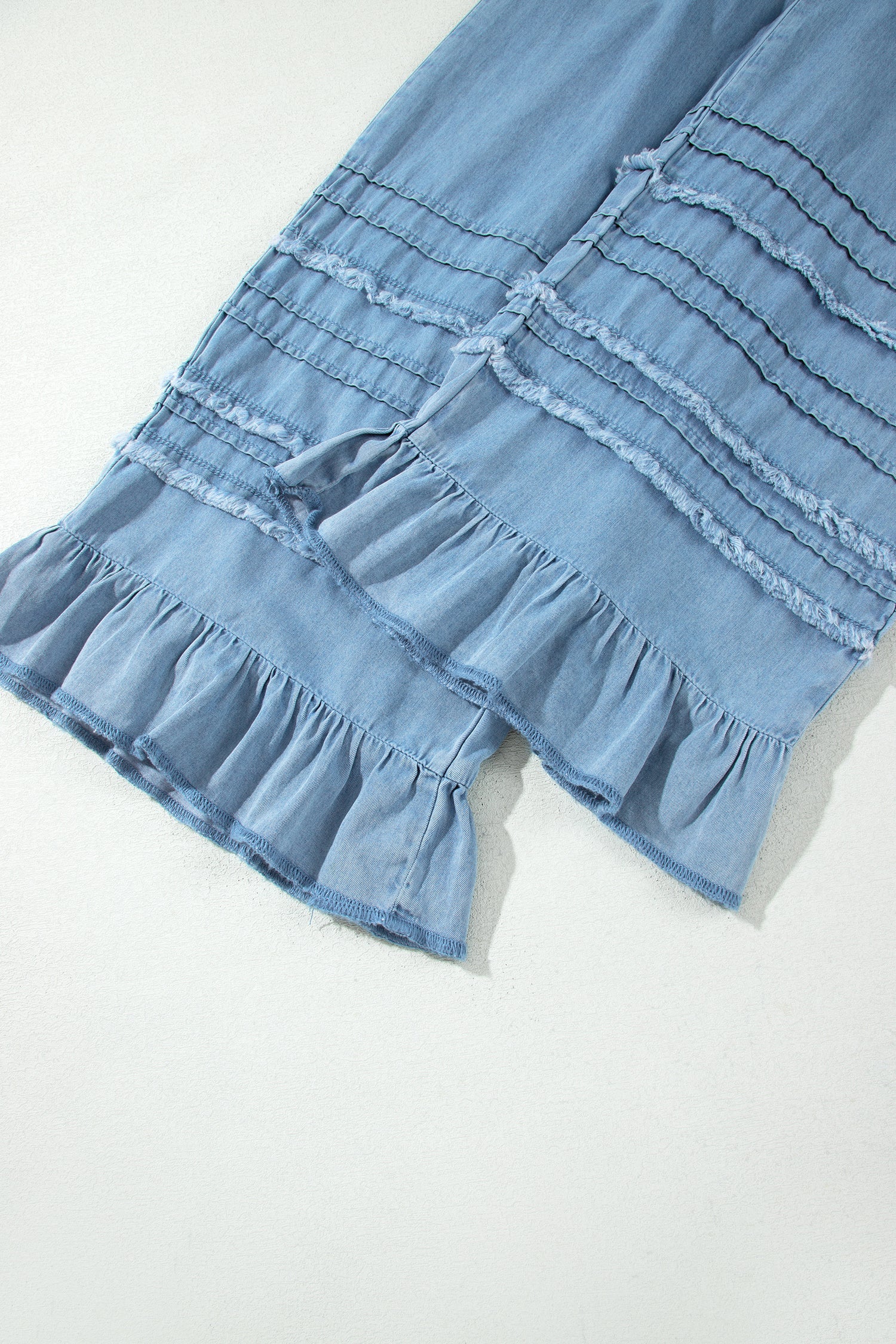 Everyday Ruffled Beau Blue Hem Wide-Leg Chambray Pants