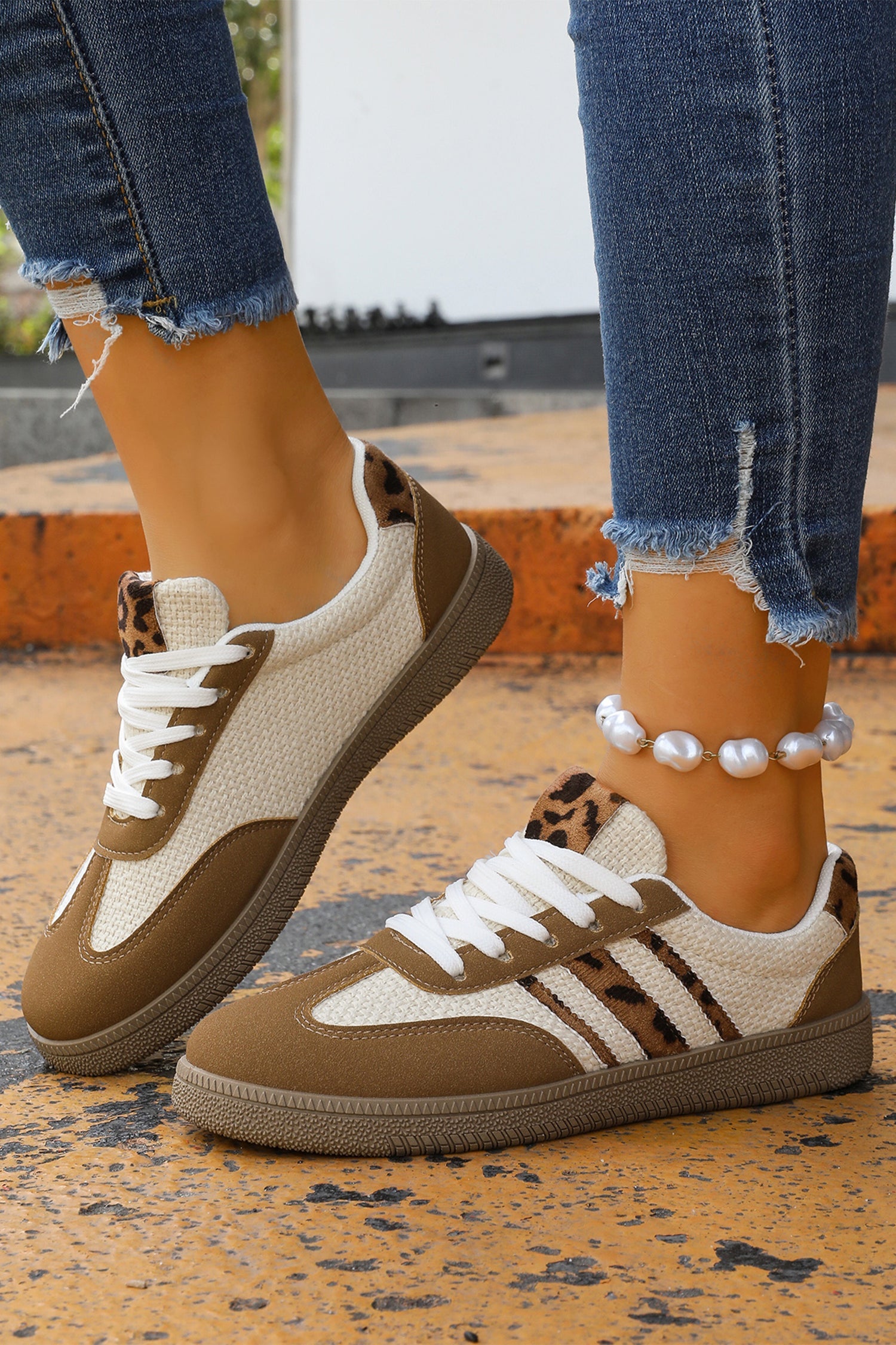 Leopard Patchwork Colorblock Patchwork Lace-up Flat Shoes