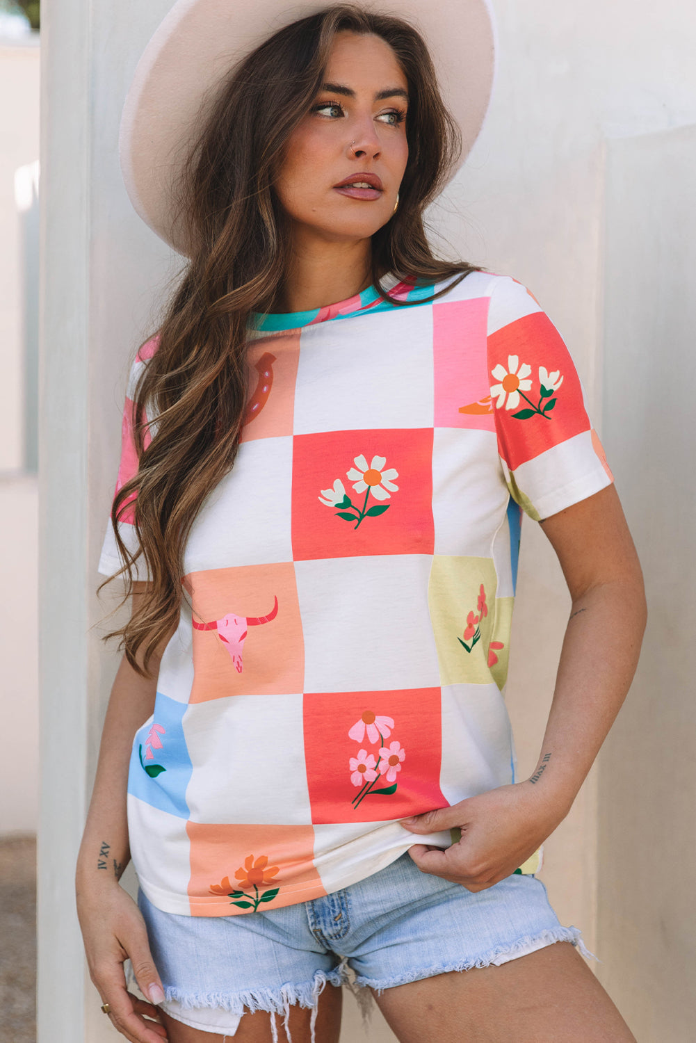 Fashion Checker Western Checker Print Crewneck T Shirt