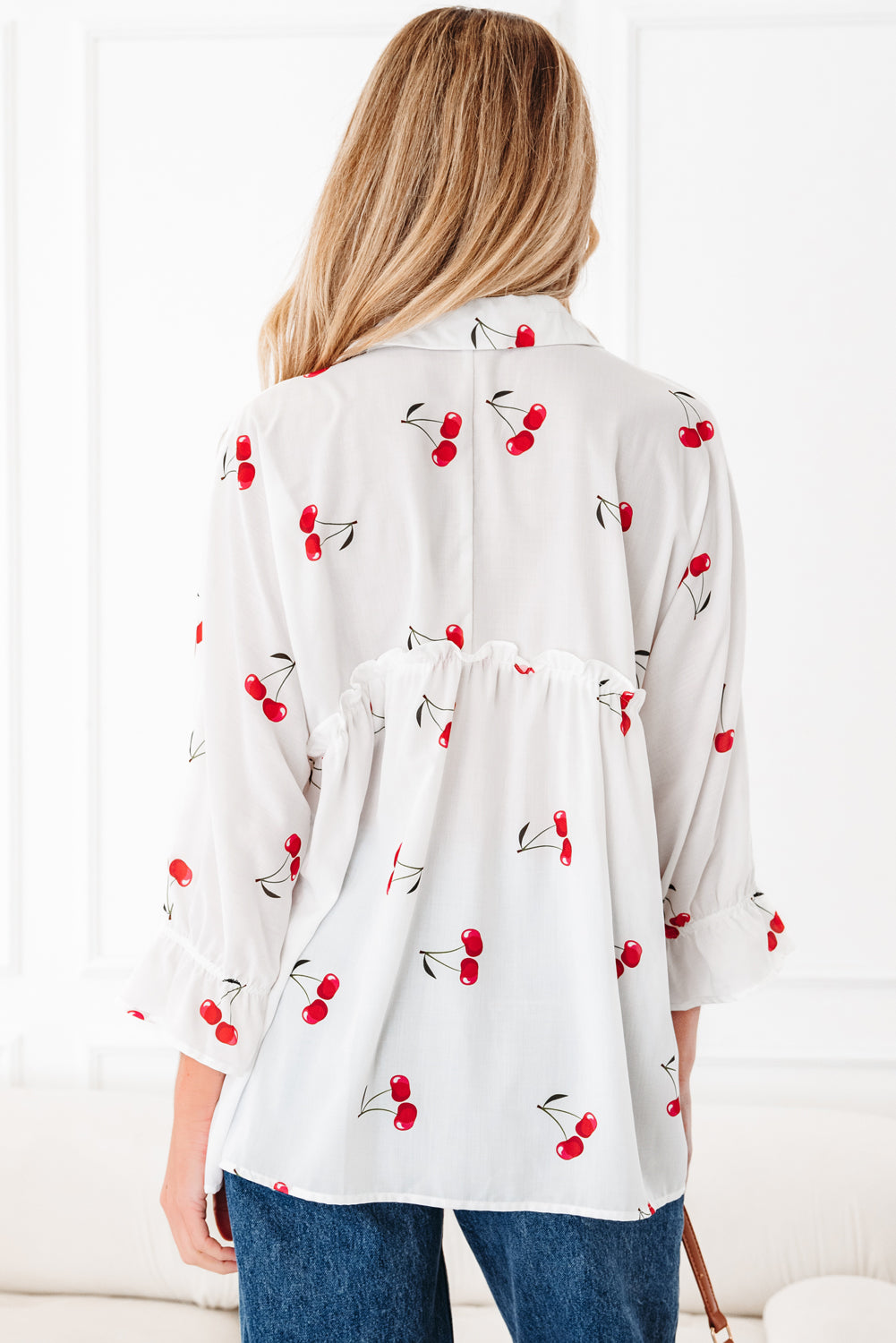 Print Flounce Cherry Flounce Sleeve Collared Frilled Babydoll Blouse