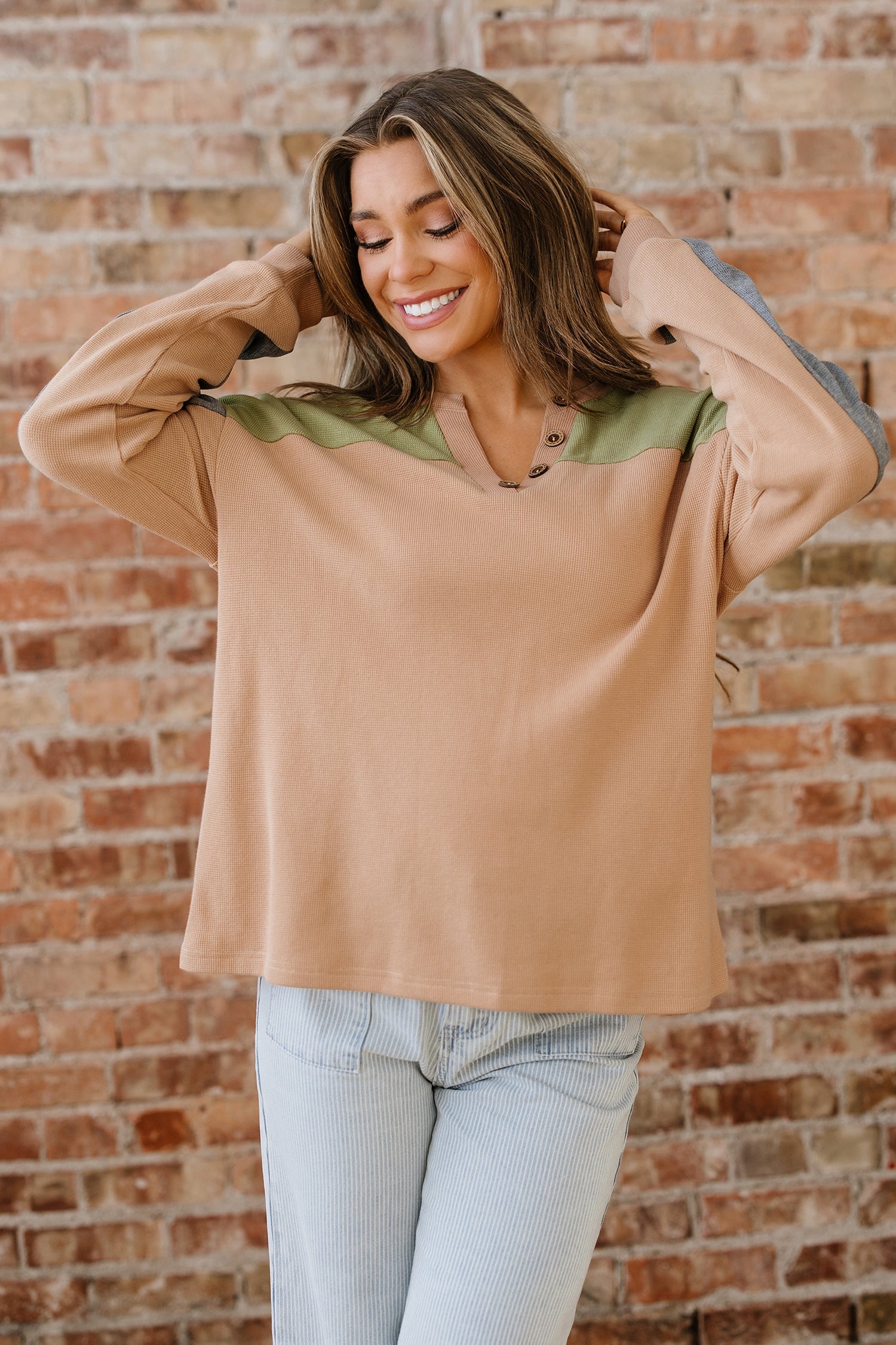 Colorblock Thermal Textured Knit Drop-Shoulder Henley Top