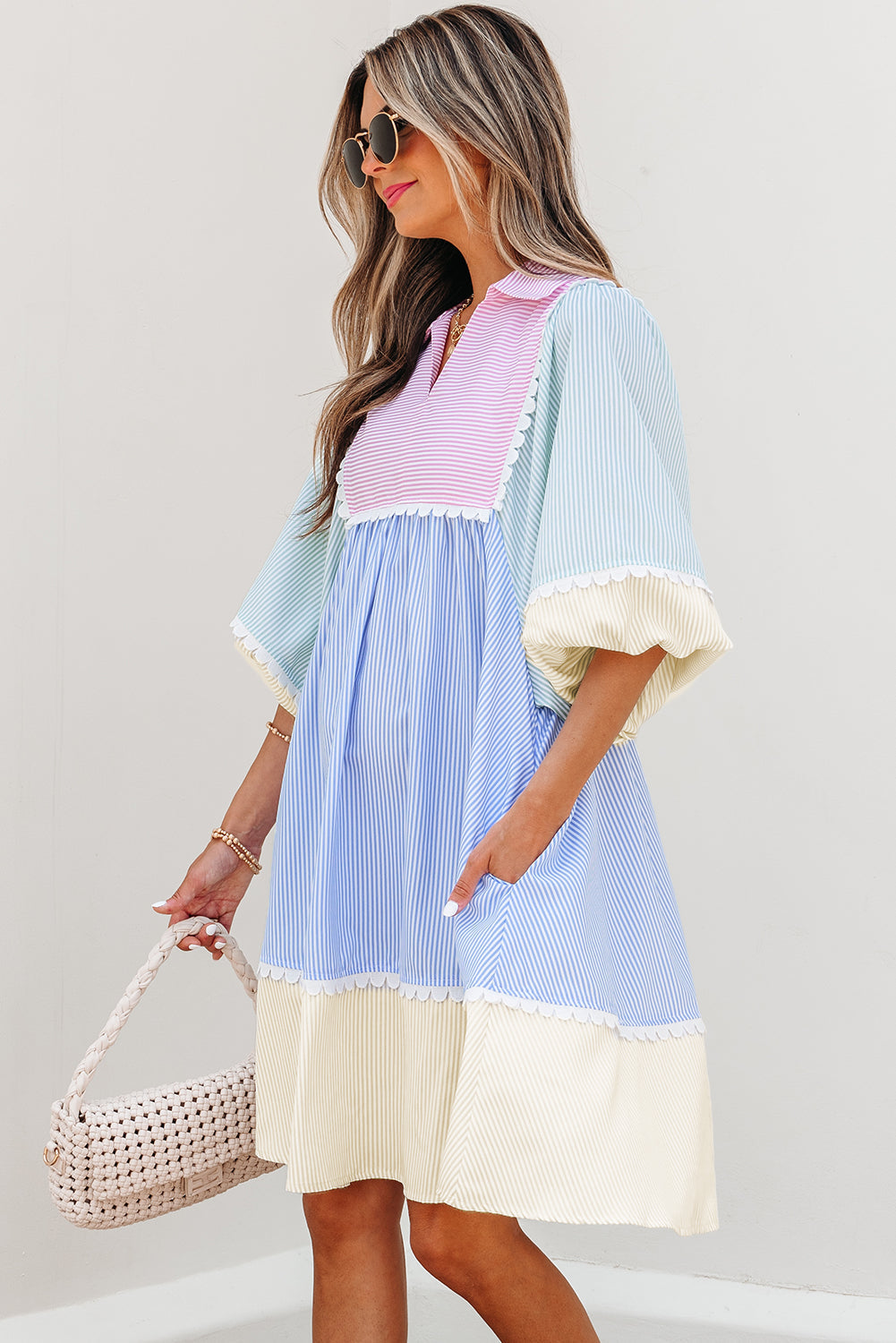 Striped Patchwork Ric Rac Puff Sleeve Collared Mini Dress