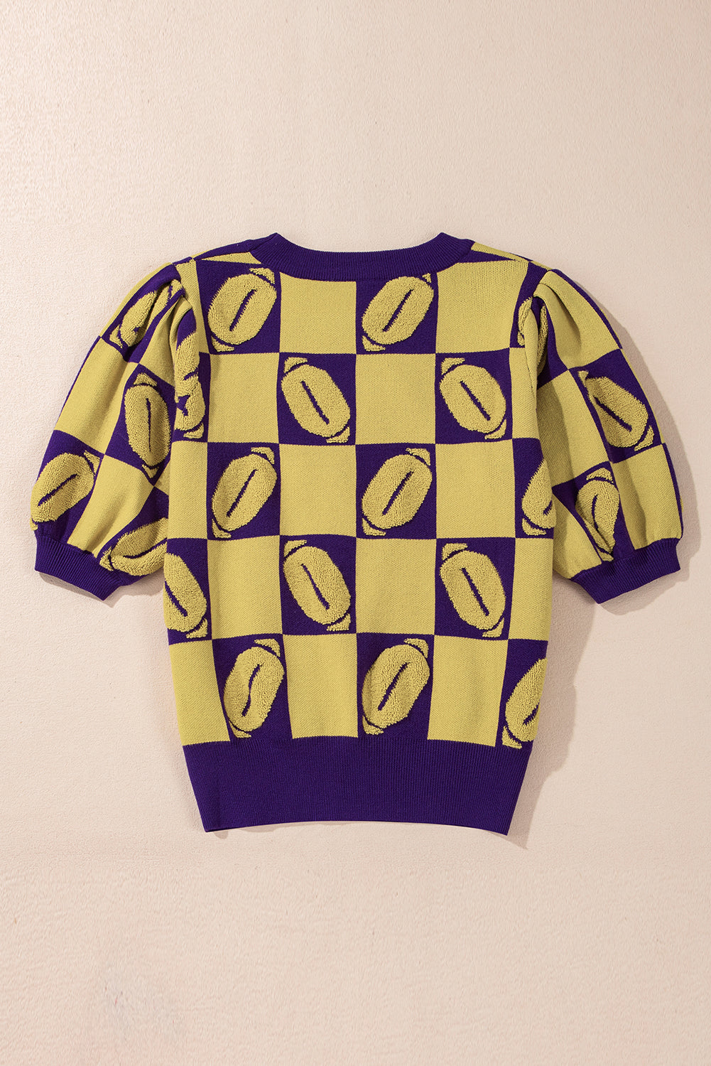 Rugby Plaid Color Block Puff Short Sleeve Sweater