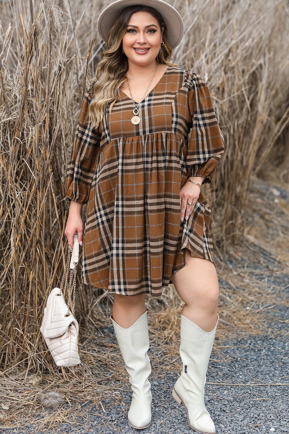 Women's Dress with Plus Size Babydoll Plaid V Neck