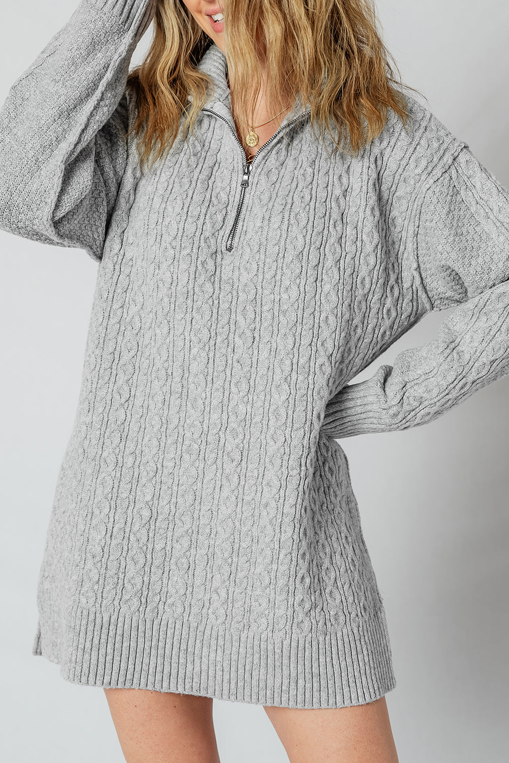 Knit High Cable Quarter Zip Rib-Knit Trim Loose Knit Top Dress