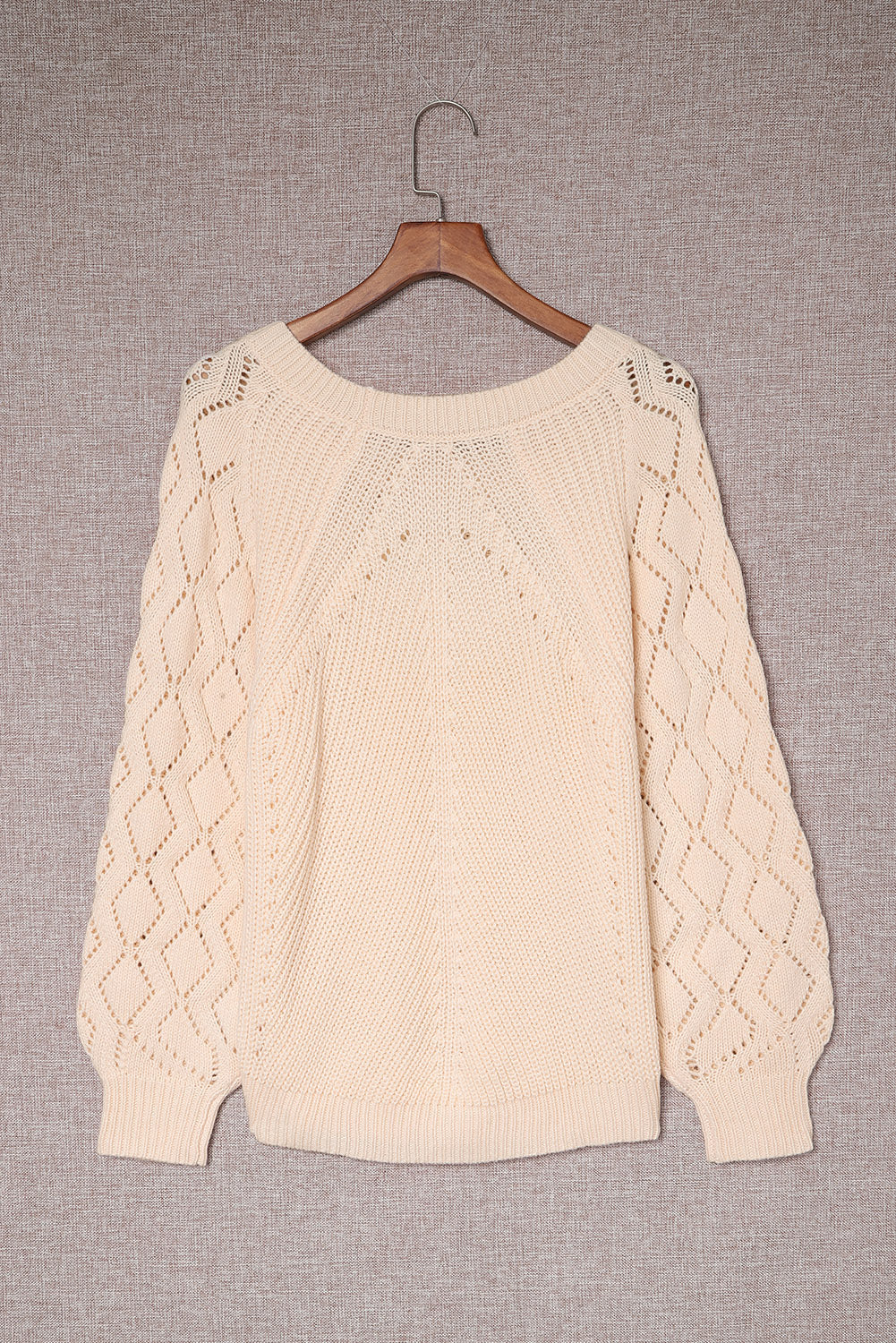 Hollow-out Polished Beige Puffy Sleeve Knit Knit Top