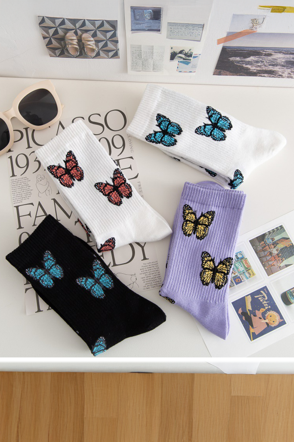 Pattern Rib-Knit Butterfly Rib-Knit Edge Soft Crew Socks