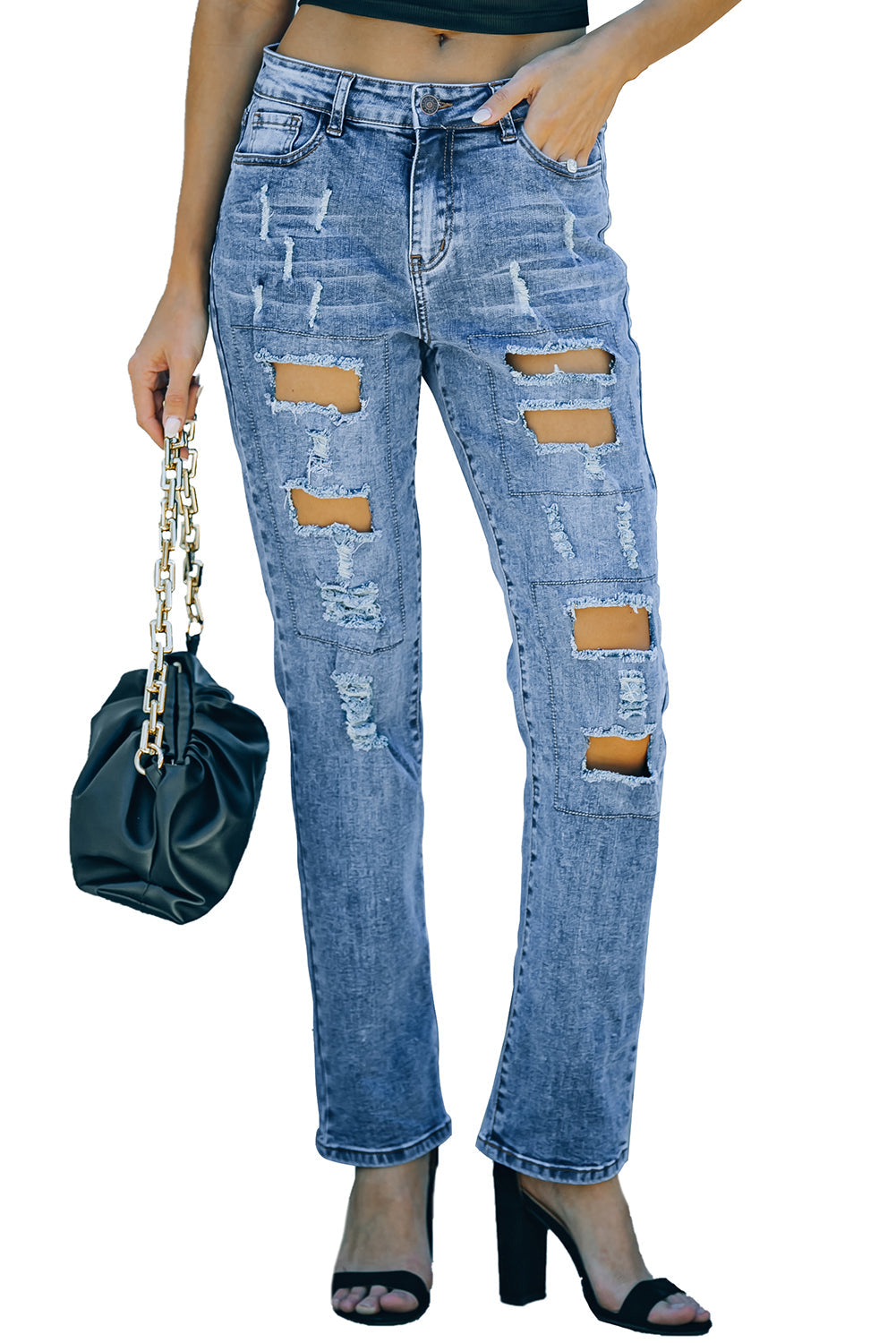 Women's Jeans Featuring Distressed Sky Blue Button-Front
