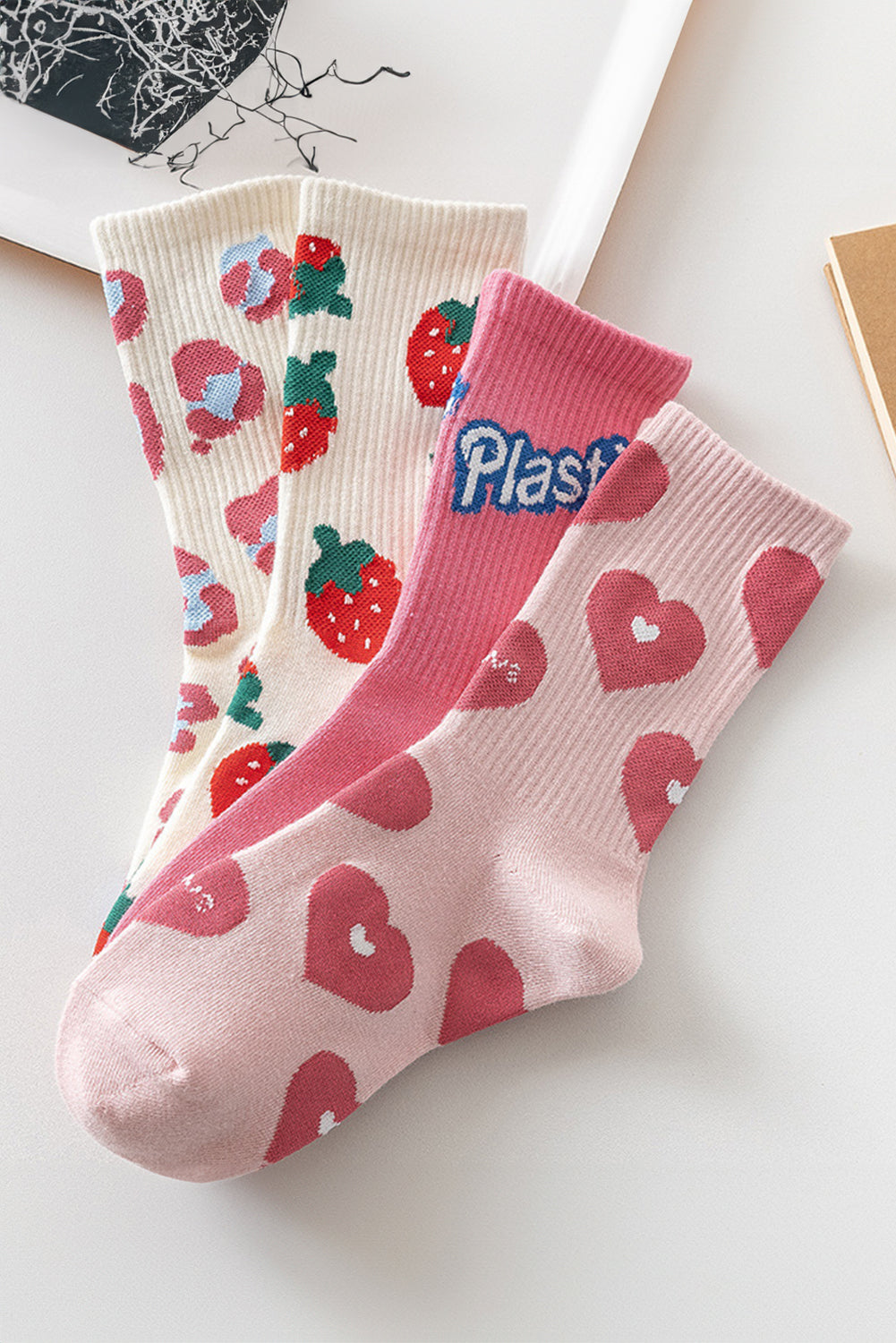 Heart Trim Print Rib-Knit Soft Crew Socks