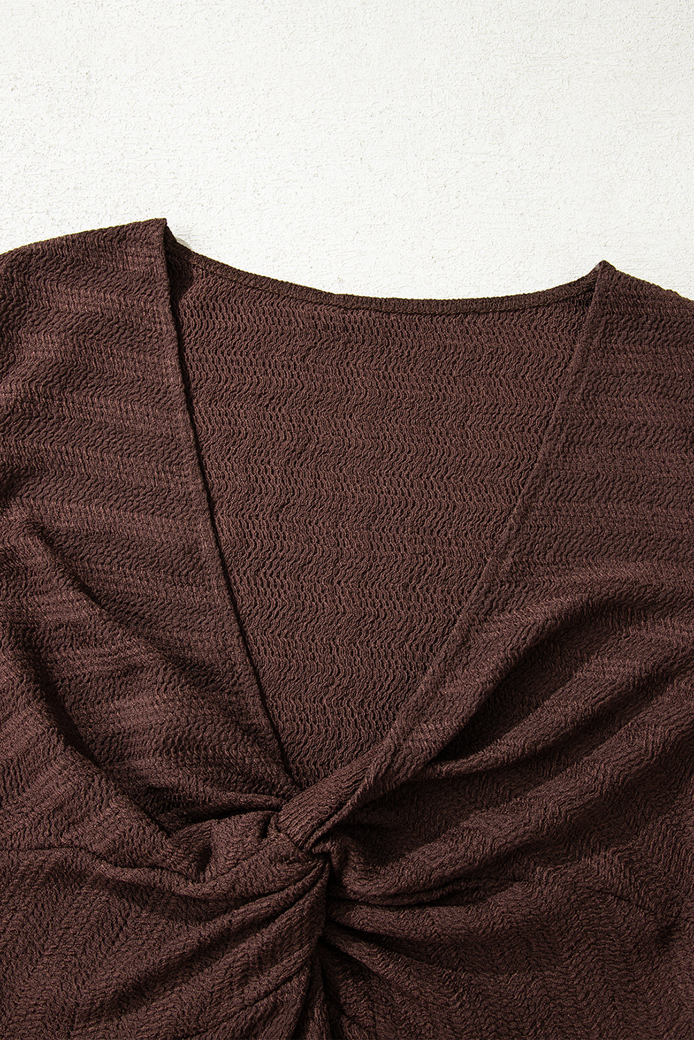 Coffee Front Textured Twist V-Neck Long-Sleeved Slim Solid Top