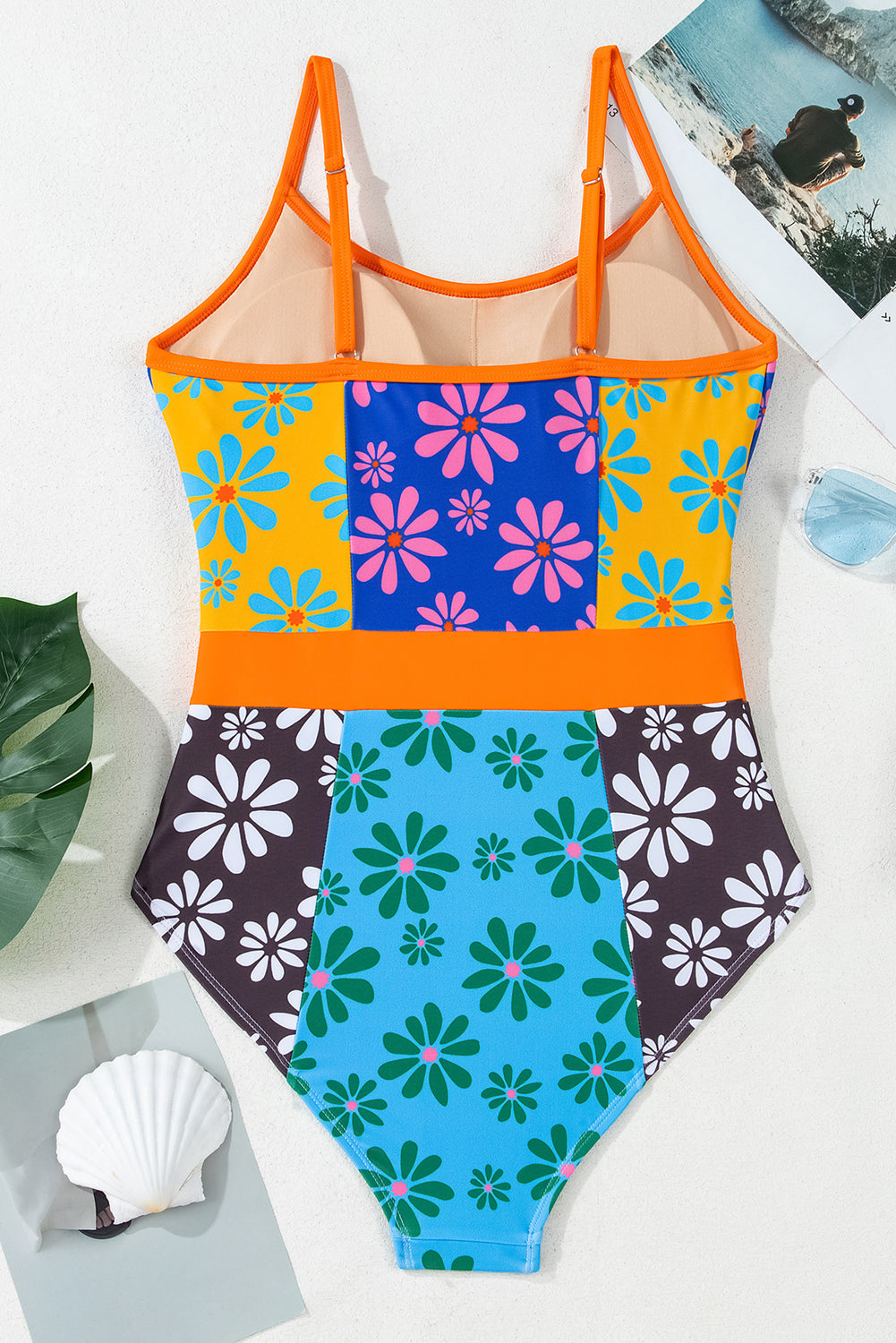Floral Colorblock Buttoned Front Spaghetti Straps Teddy Swimsuit