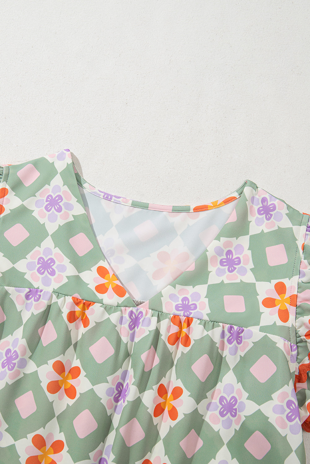 Geometric Floral Print Layered Flutter Sleeve V Neck Ric Rac Trim Blouse