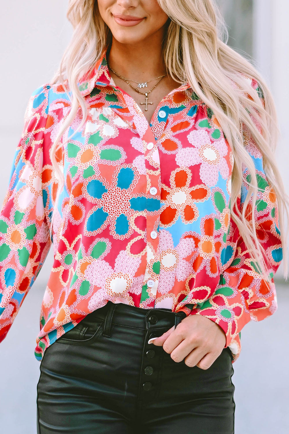 Women's Shirt with Floral-Print Print Bubble Sleeve