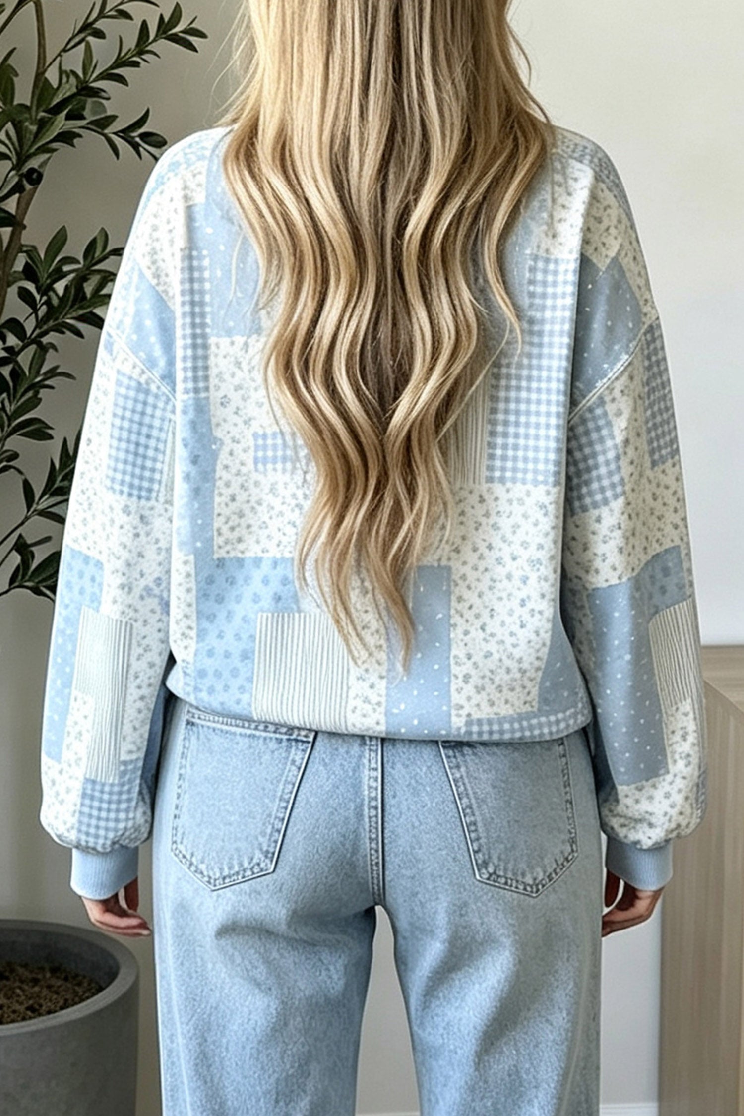 Patchwork Long-Sleeved Floral-Print Mock-Neck Sweatshirt in Sky Blue