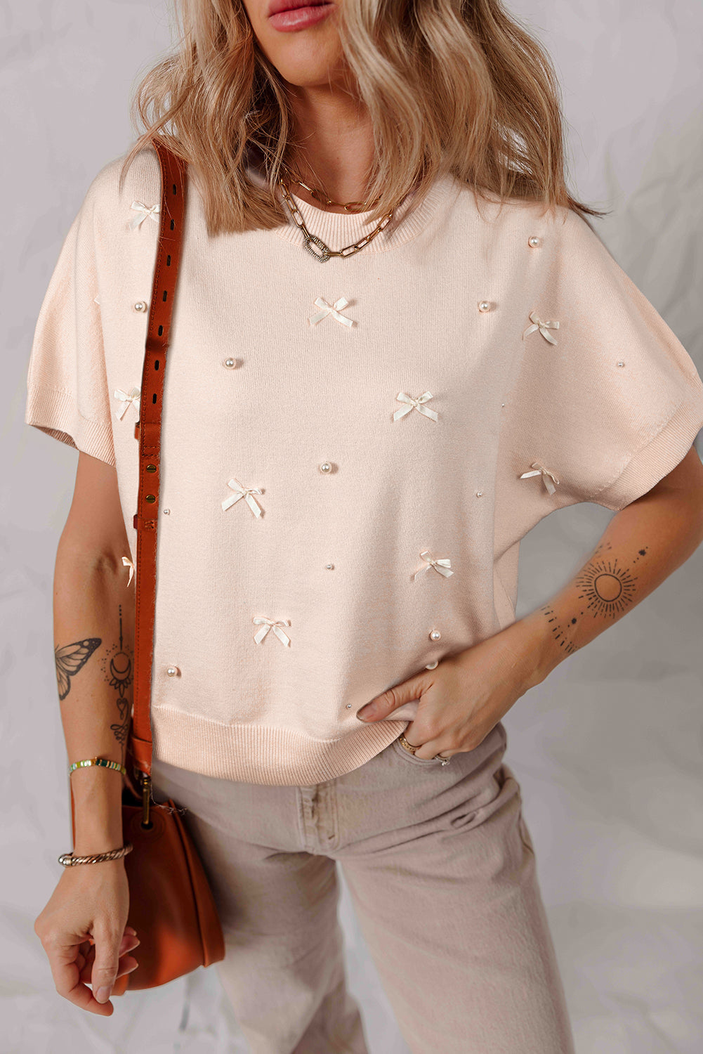 Polished Embellished Pearl Bow Dolman Short-Sleeved Knit Top