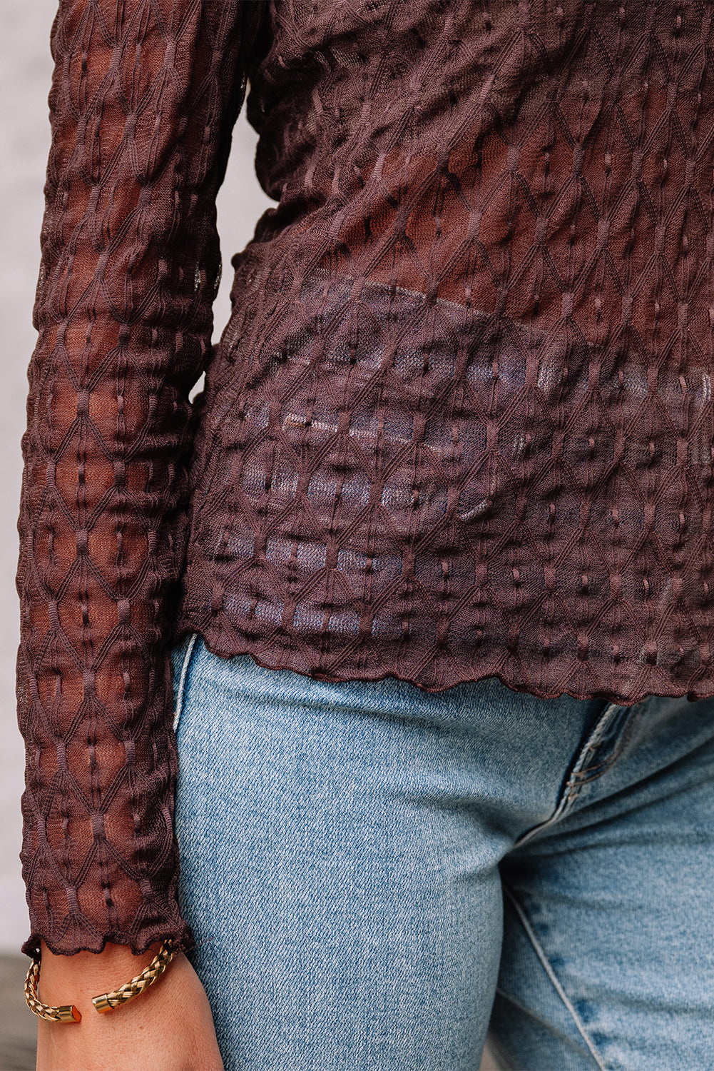 Sheer Lettuce Mesh Patterned Trim Slim Long-Sleeved Top
