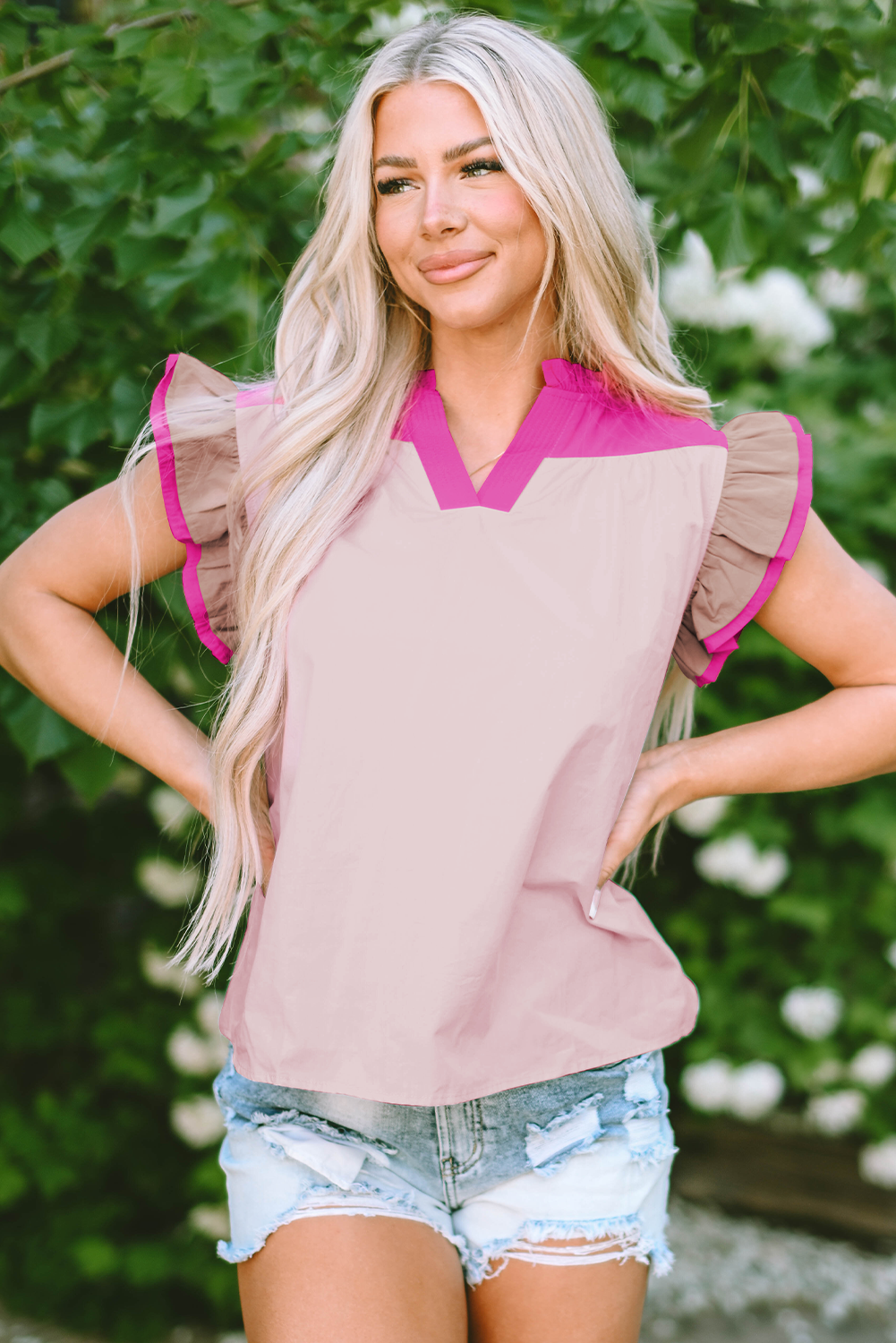 Women's Blouse with Color-Block Ruffle-Trimmed Sleeve Frill V Neck