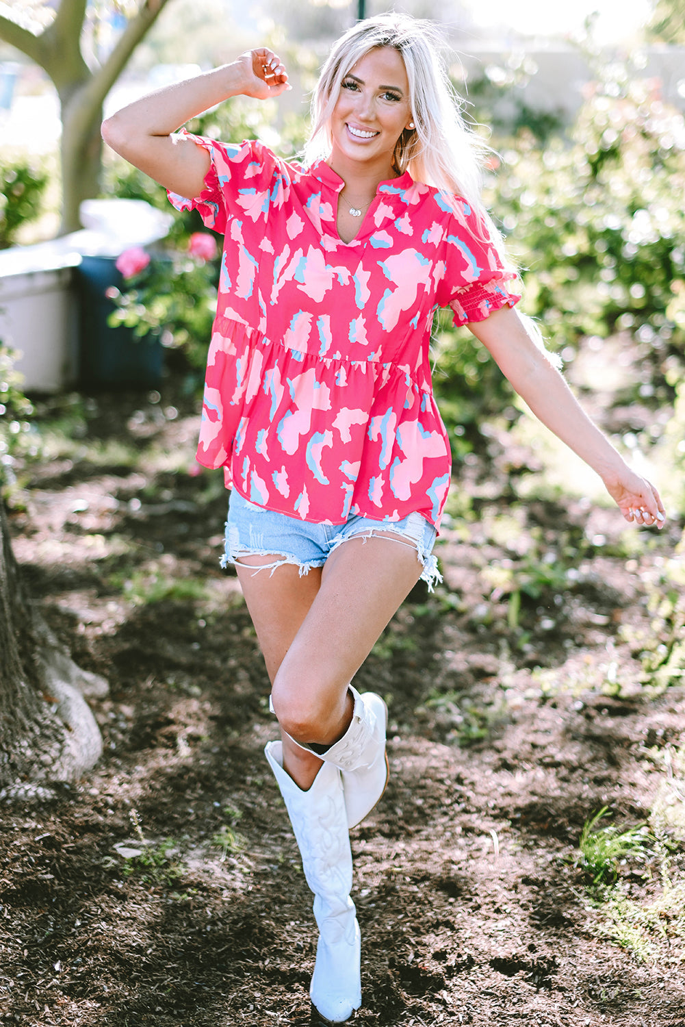 Women's Blouse with Shirred Balloon Sleeve V Neck