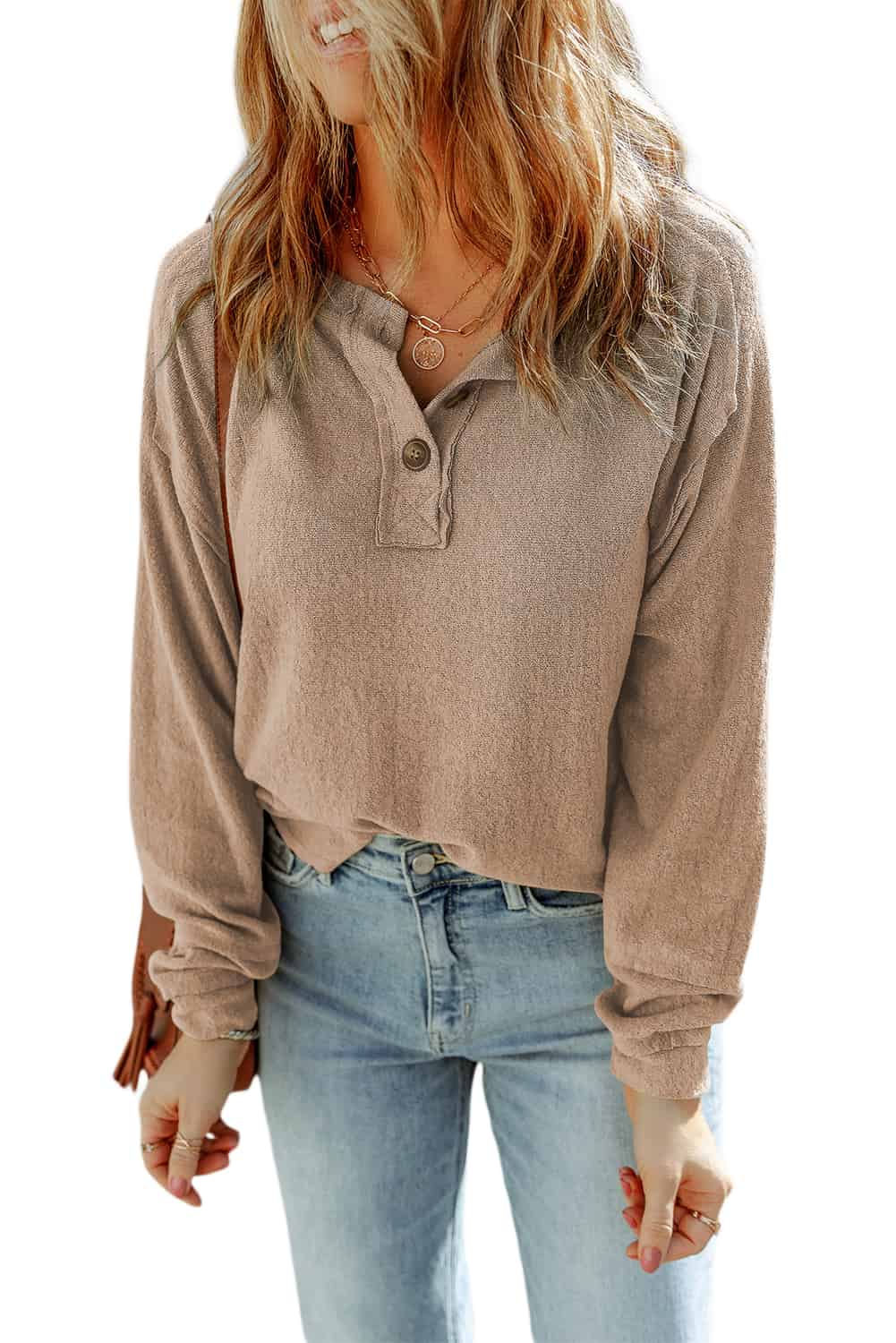 Women's Top Featuring Button Split Neck Retro