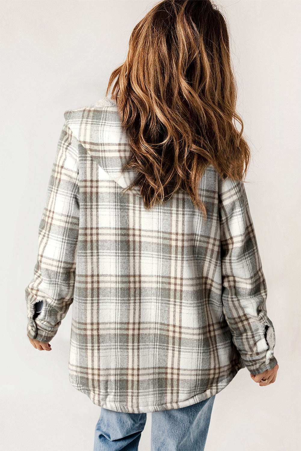 Women's Shacket with Lined Hooded Plaid Sherpa