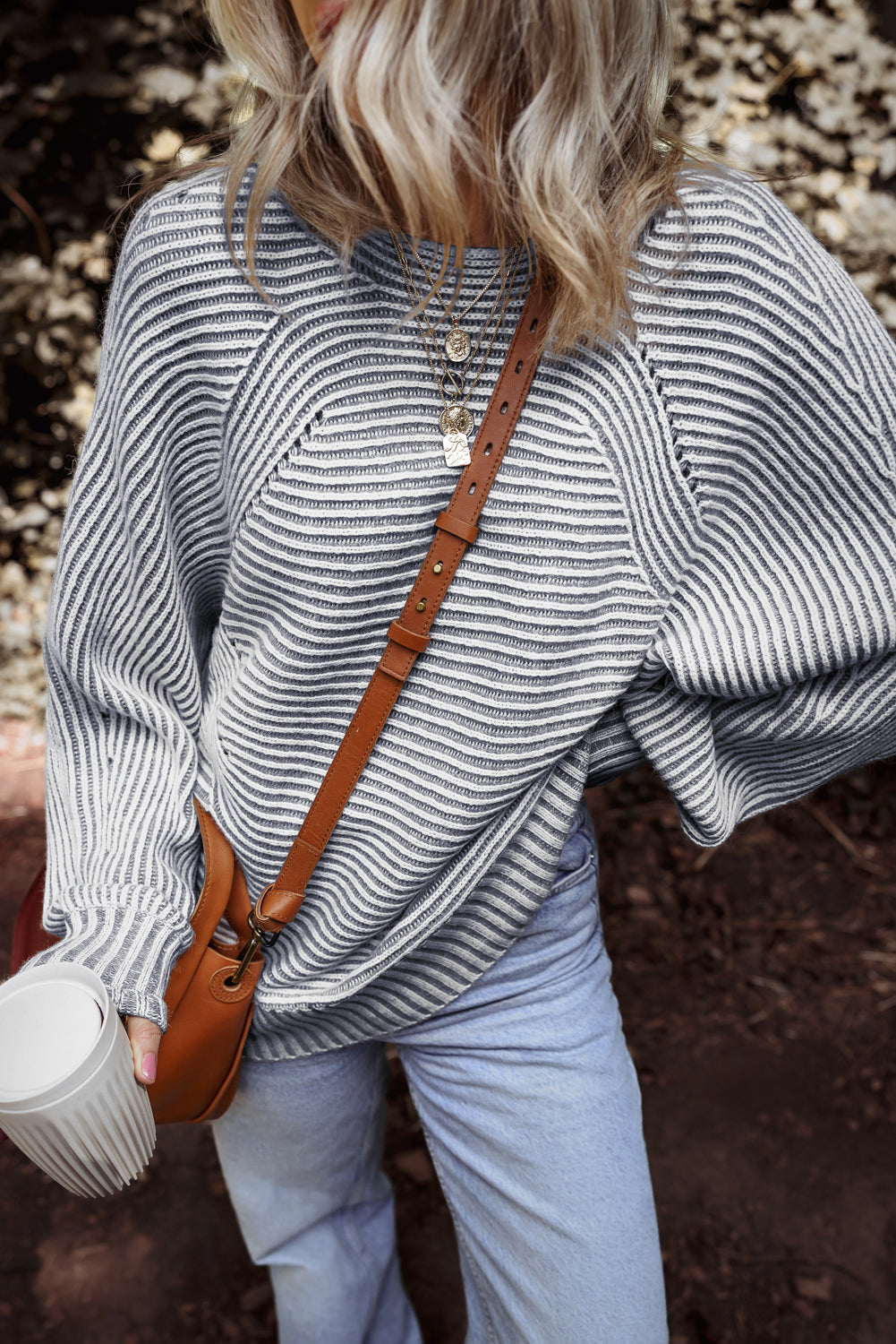 Print Rib-Knit Striped Rib-Knit Knit Boat Neck Baggy Knit Top