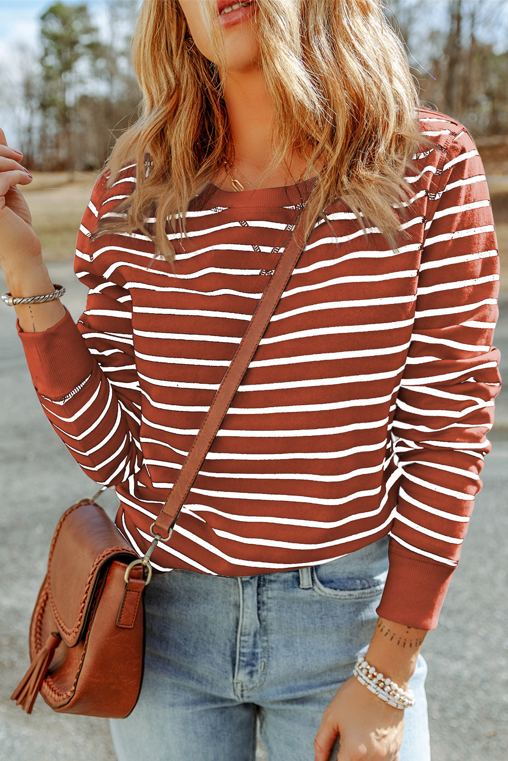 Women's Striped Rib-Knitted Trim Long-Sleeve Top