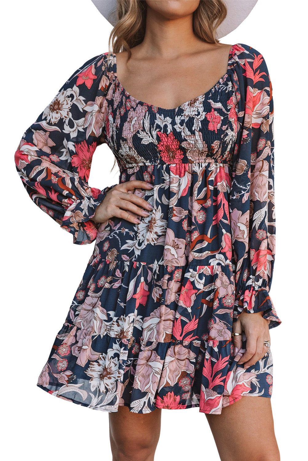 Women's Mini Dress with Floral-Print Layered Long Balloon Sleeve