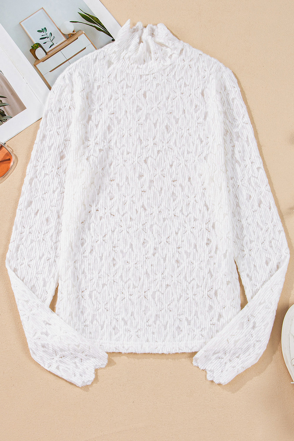 White Flower Lace See Through Mock Neck Top