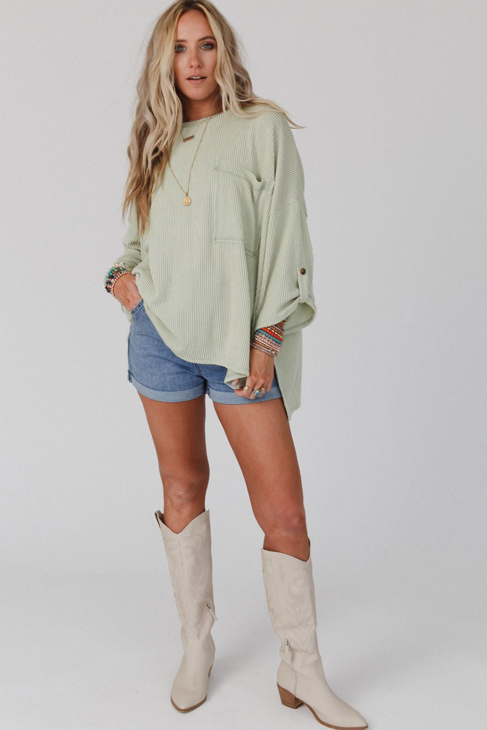 Women's Rib-Knitted Roll-tab Sleeve Oversize Top