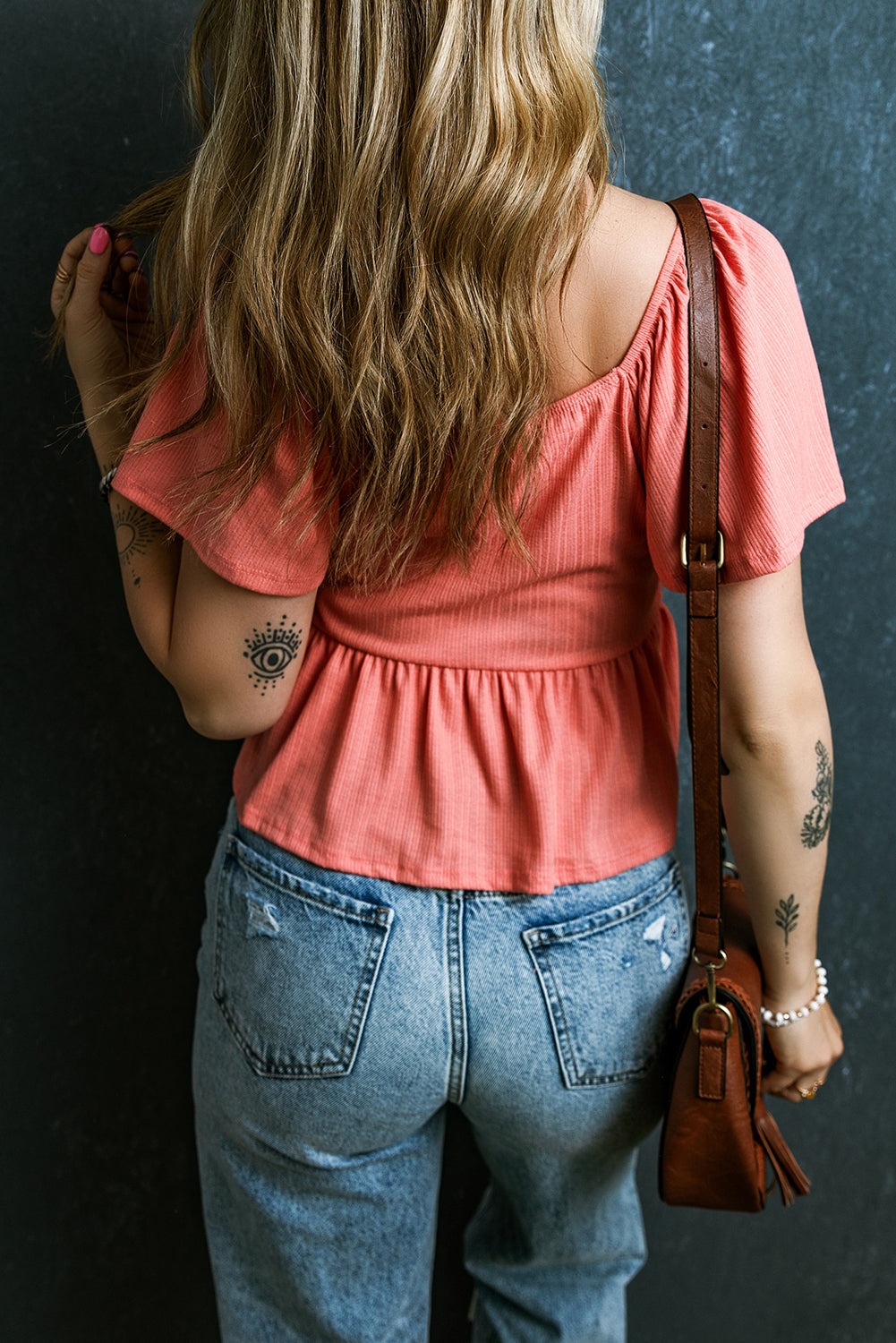 Women's Shirred V Neck Short Flutter Sleeve Textured Blouse