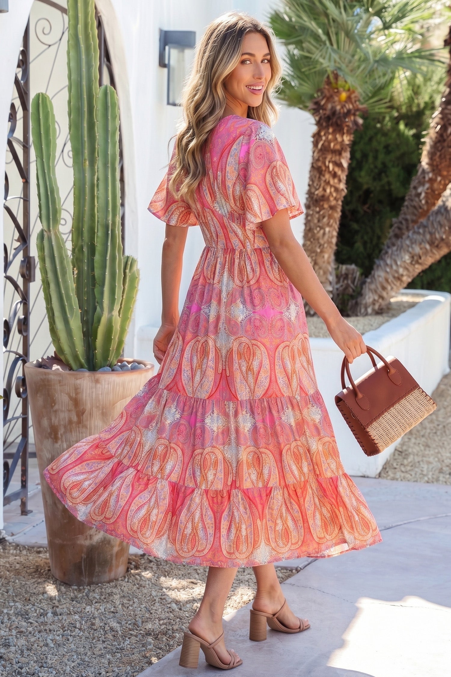Polished Short-Sleeved Paisley Print Boho Maxi Dress with Ruffle Details