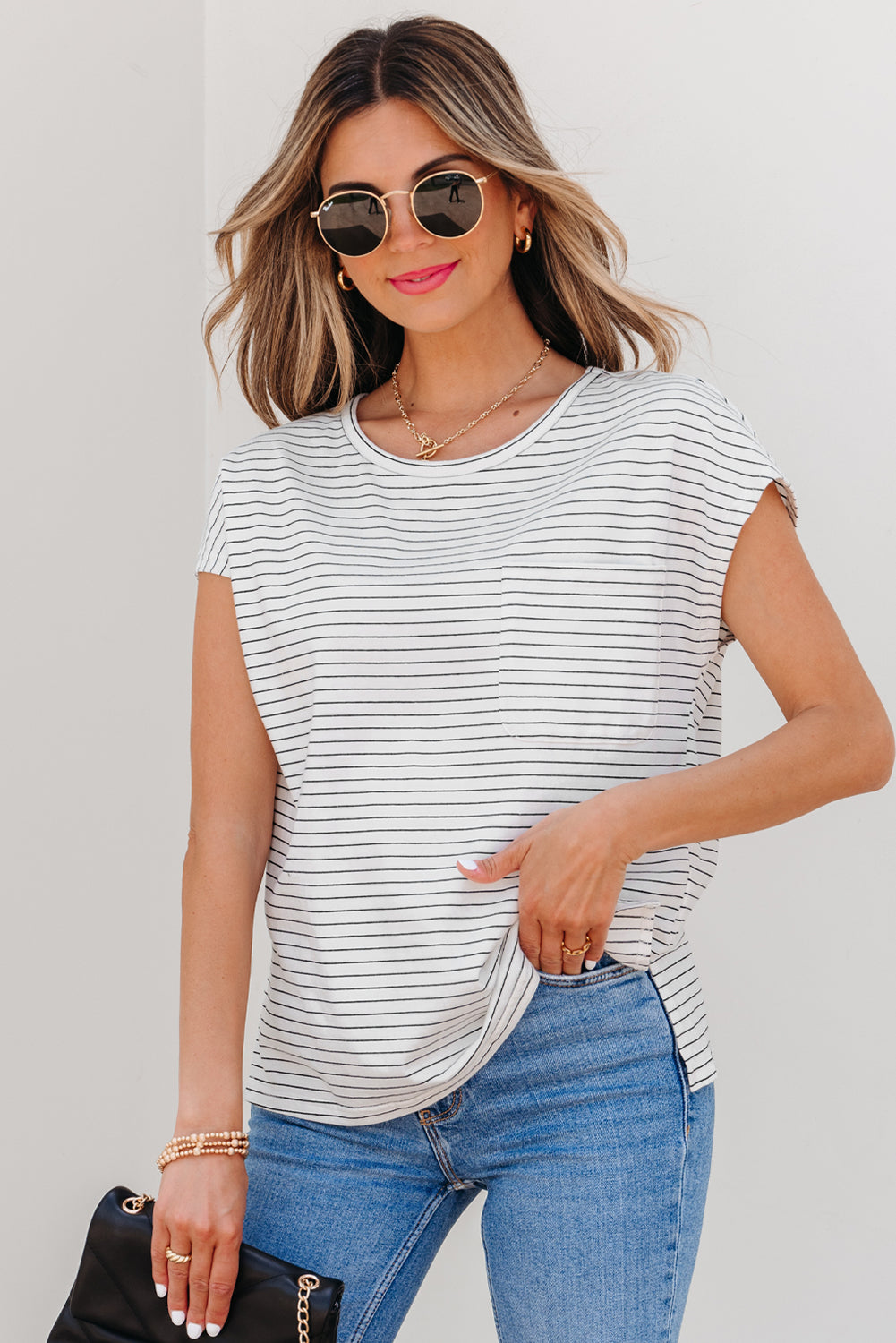 Cap Sleeve Crew Neck Casual Tee with Chest Pocket