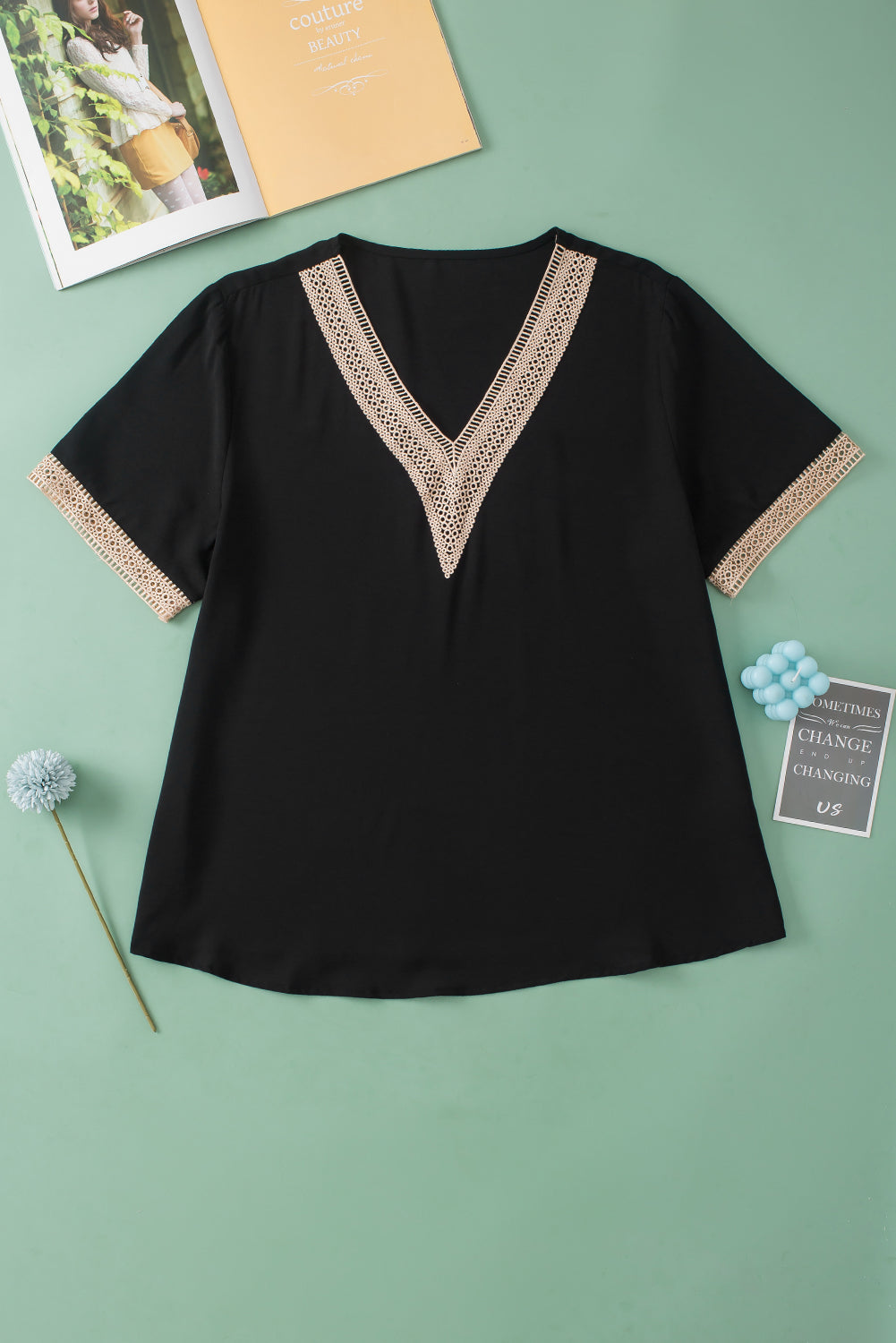 Women's Plus Size Lace-Trimmed Trim V Neck Top