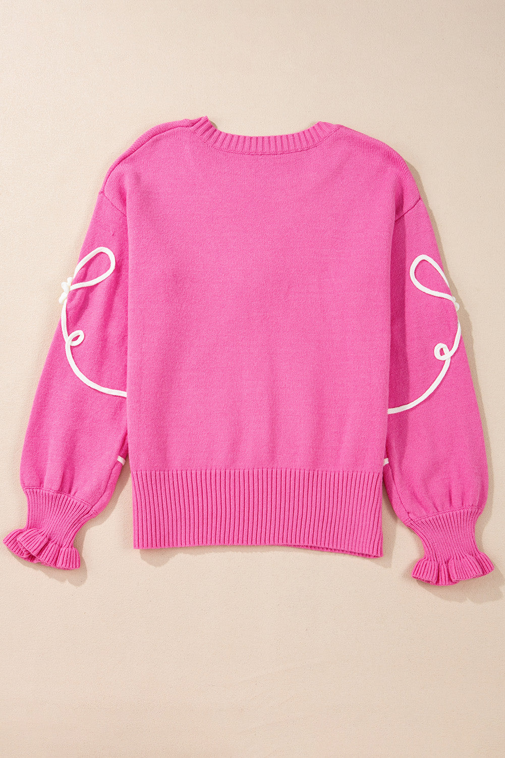 Cute Pink Corded Flower Bow Ribbed Trim Sweater