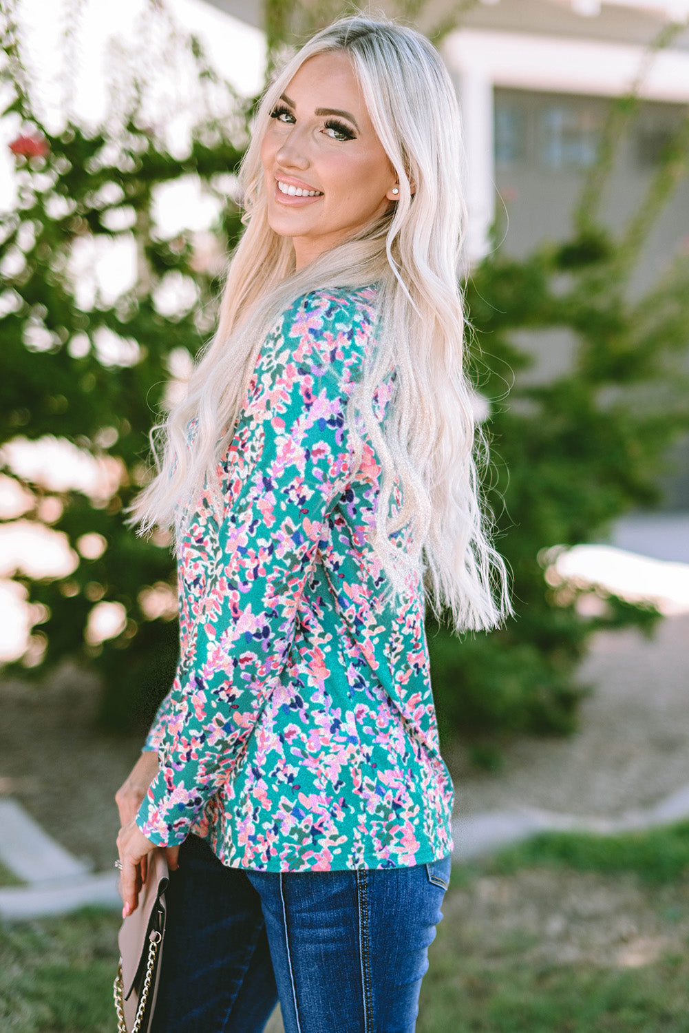 Women's Blouse Featuring Floral-Print Pleat-Detail Round Neck Long-Sleeve