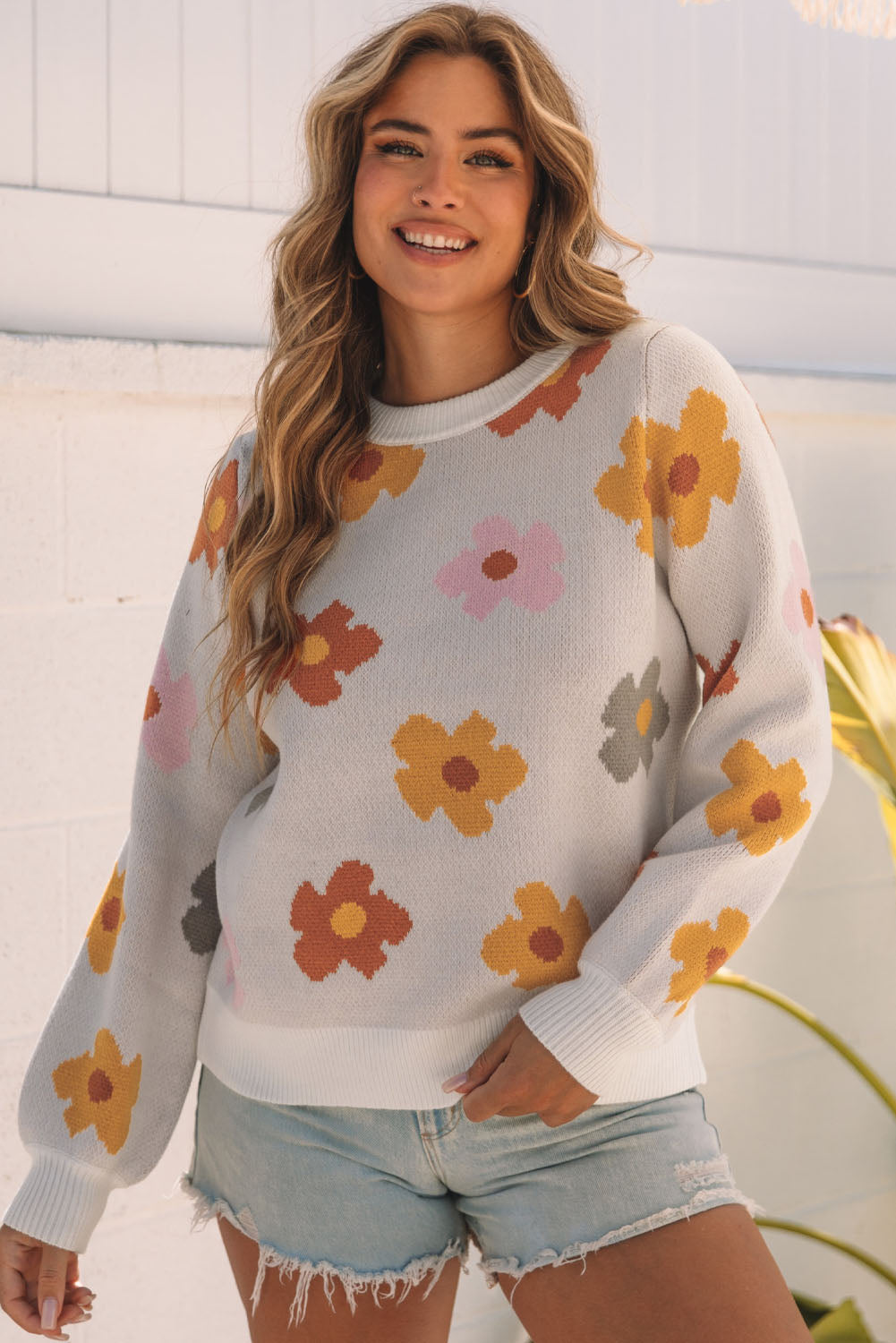 Women's Sweater with Rib-Knitted Hem Sweet Knitted