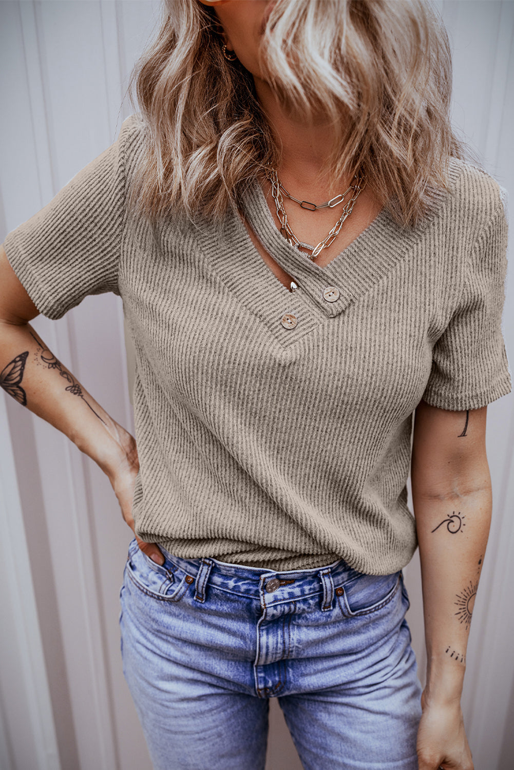 Women's Tee Featuring Rib-Knitted Strappy V Neck