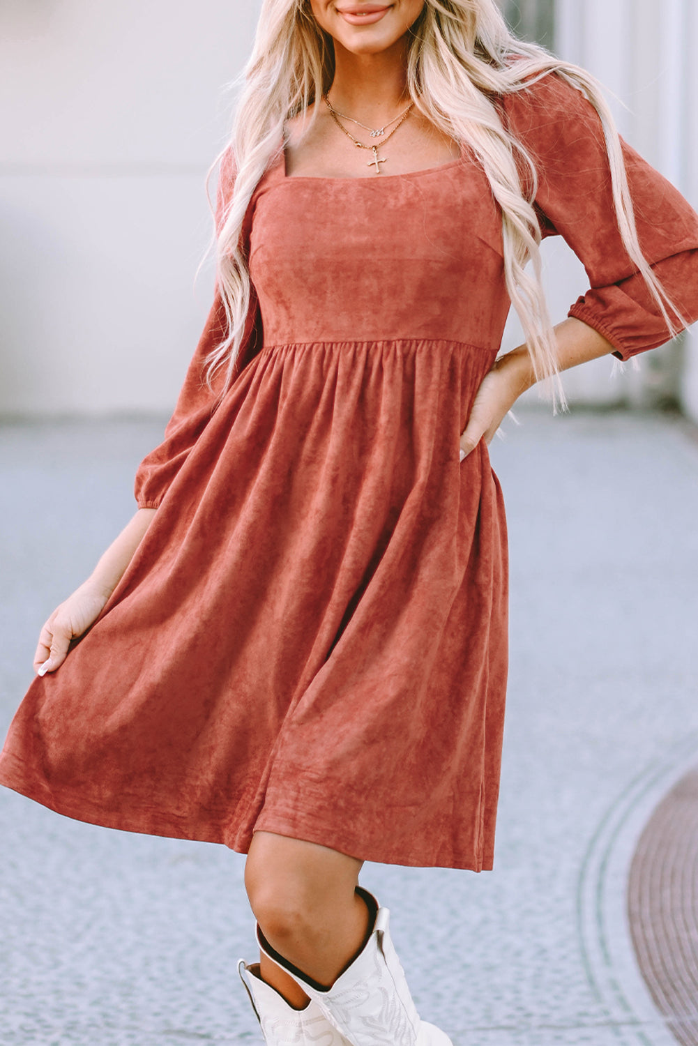 Women's Dress Featuring Sleeve Suede Balloon