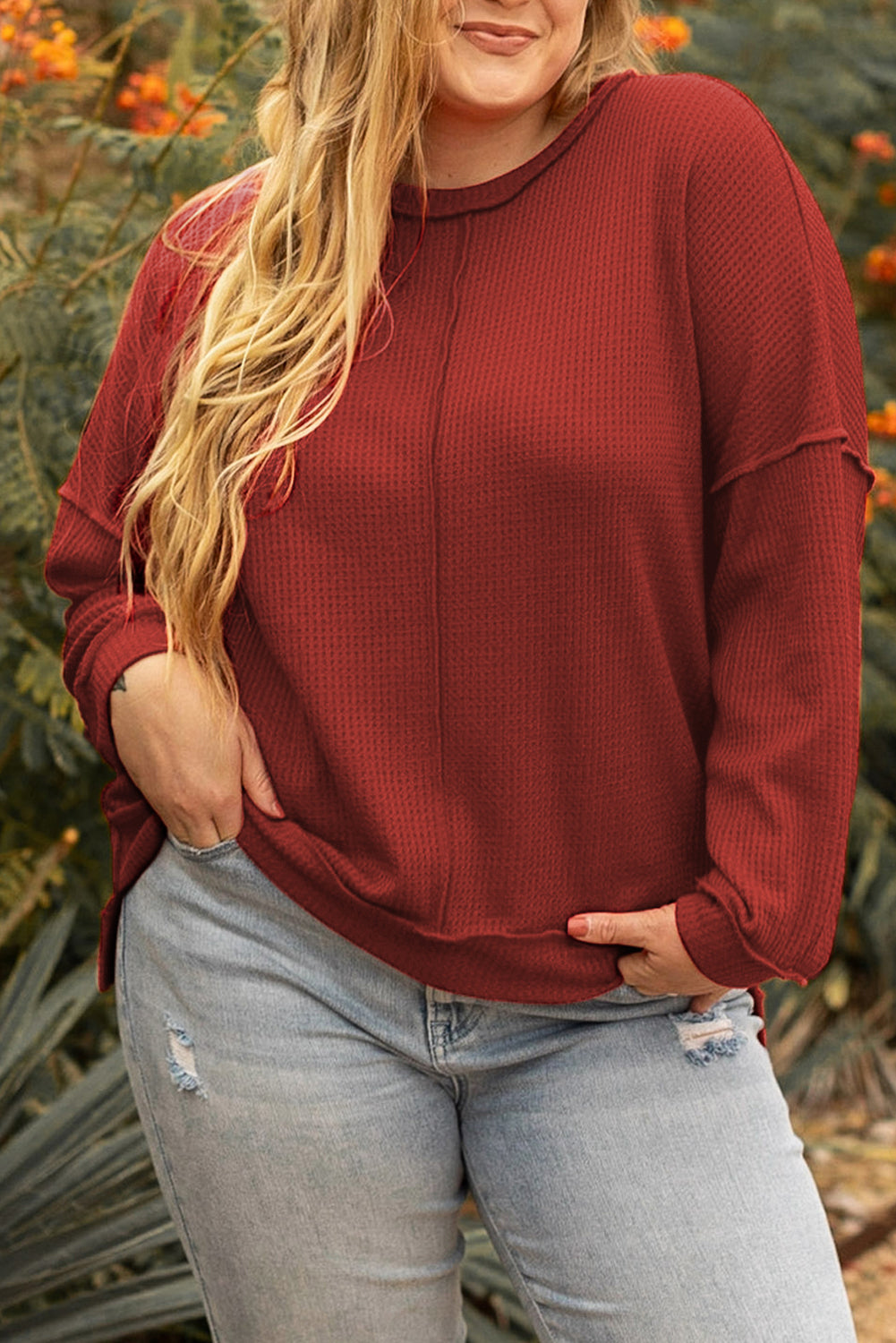 Top for Women Plus Size Waffle Knitted