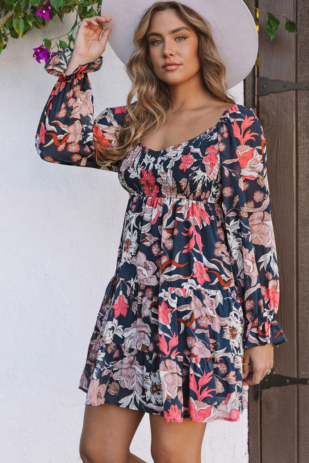 Women's Mini Dress with Floral-Print Layered Long Balloon Sleeve
